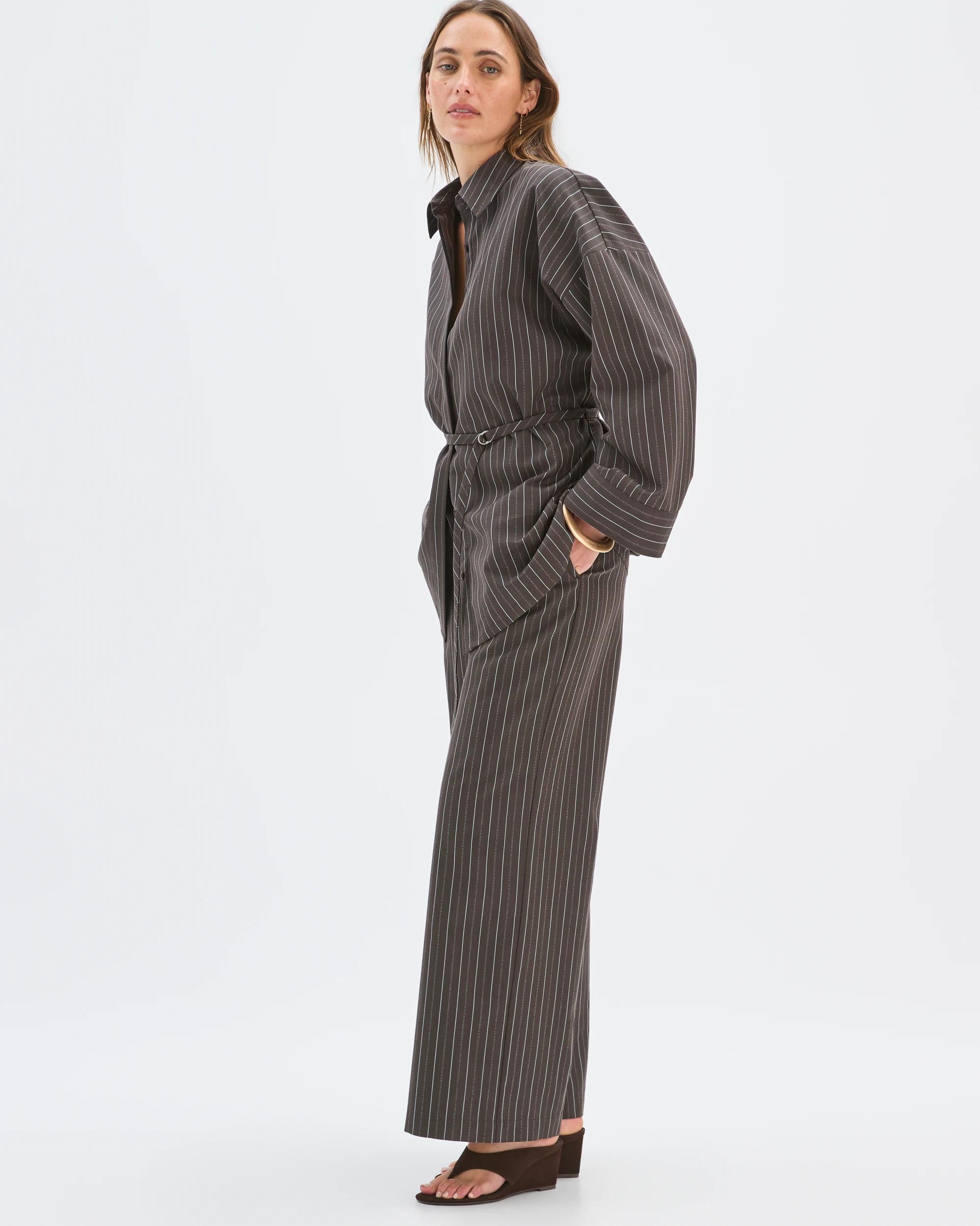 2 Preview Belt Detail Wide Leg Pants BITTER CHOCOLATE STRIPE, 2 of 7