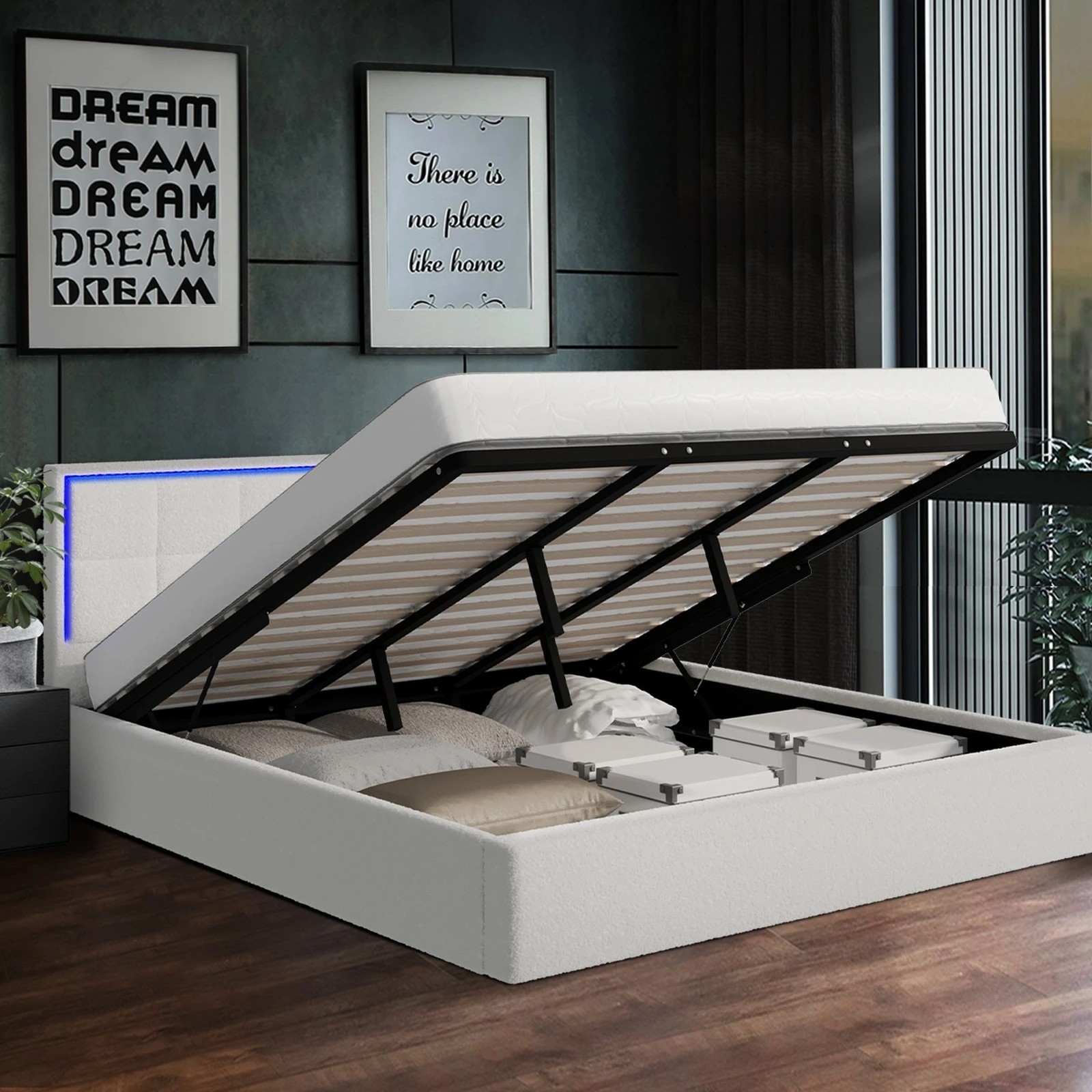 4 Oikiture Bed Frame King Size RGB LED Gas Lift Storage Base Boucle - White, 4 of 9