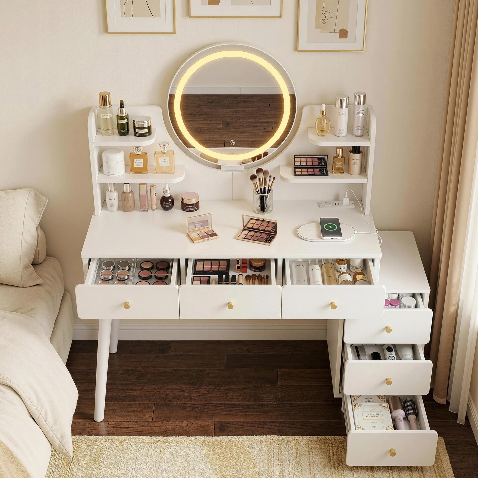 6 Artiss Dressing Table Charging Station Extendable LED Vanity Desk Mirror Storage Drawer - White, 6 of 10