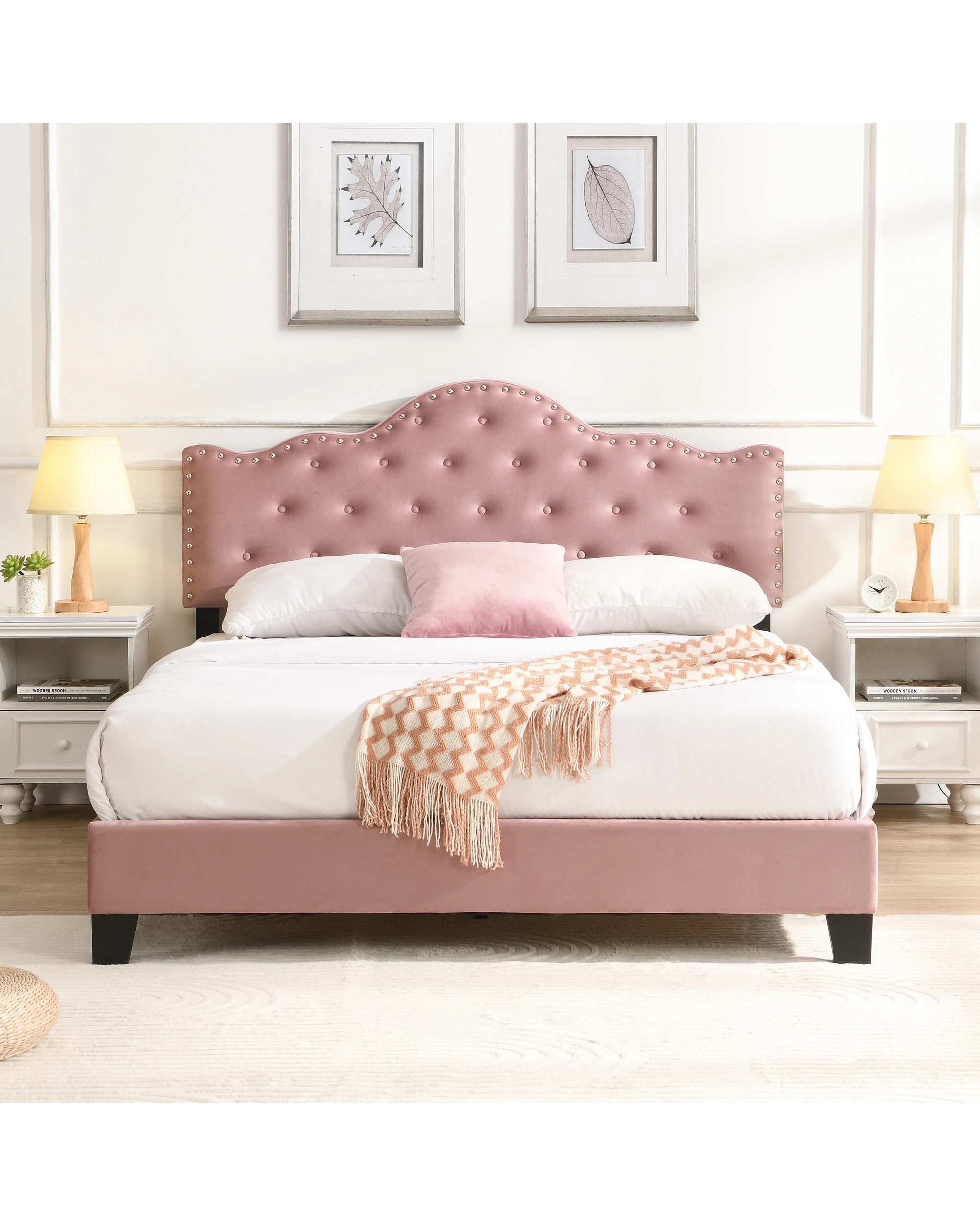 3 IHOMDEC BEF05 Velvet Crown Shape Queen Bed Frame - Pink - Pink, 3 of 10