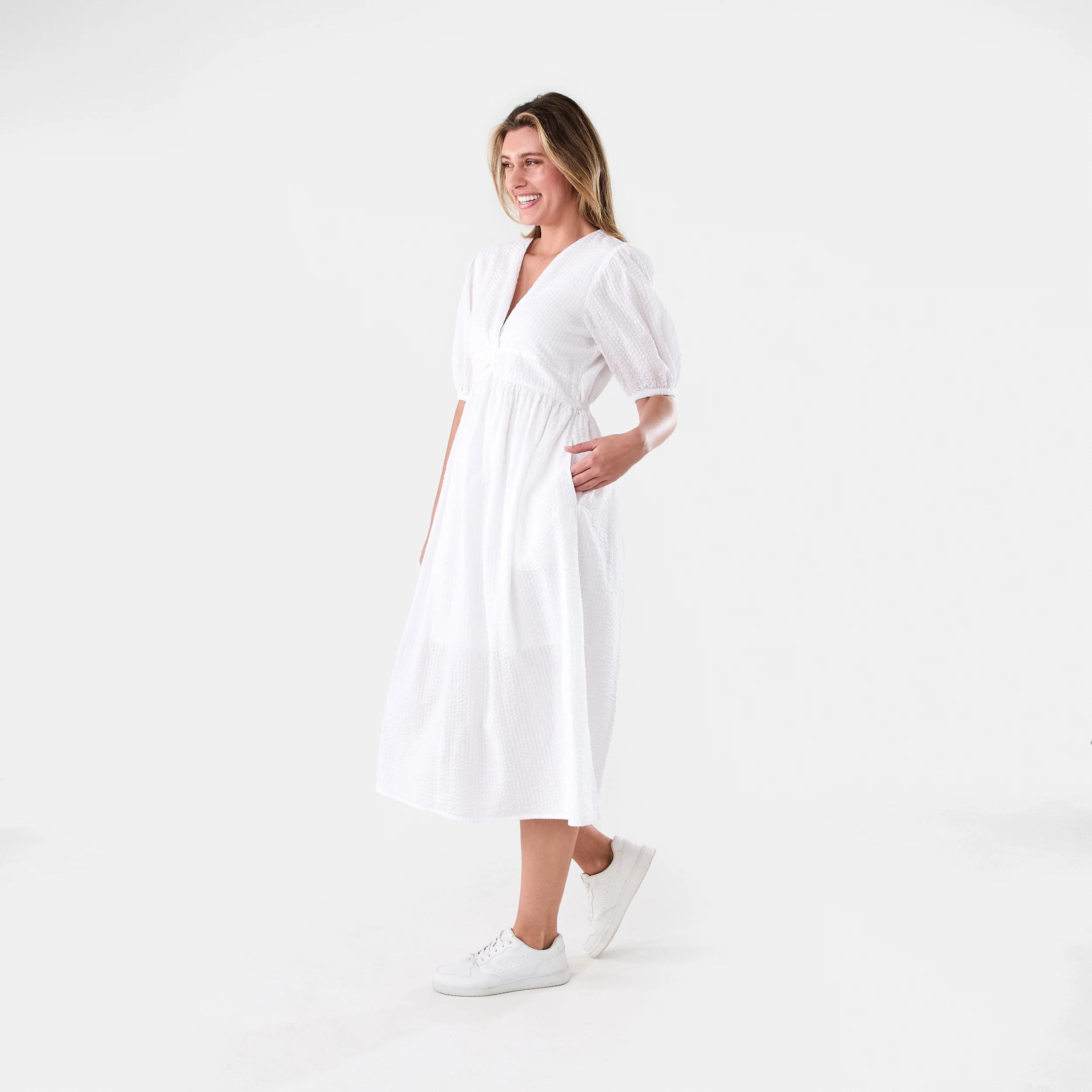 2 Short Sleeve Twist Front Seersucker Midi Dress White, 2 of 8