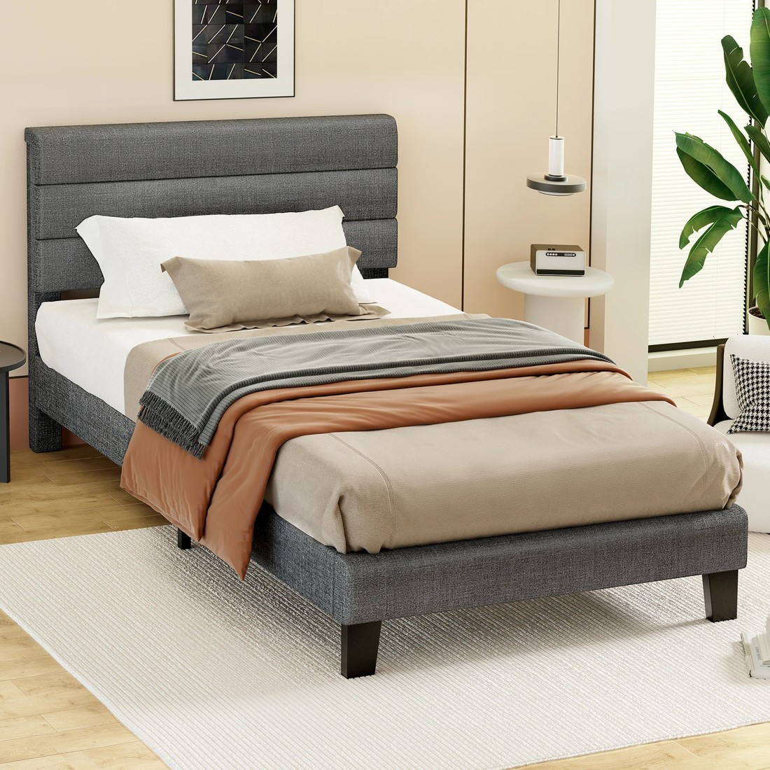 8 Alfordson Bed Frame Single Size Upholstered Platform Fabric Harlene - Grey, 8 of 10