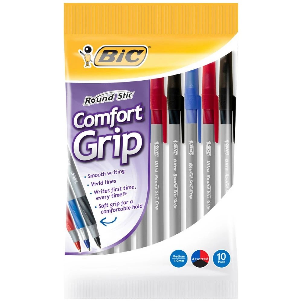 1 BIC Round Stic Comfort Grip Ballpoint Pens Assorted 10 Pack, 1 of 5