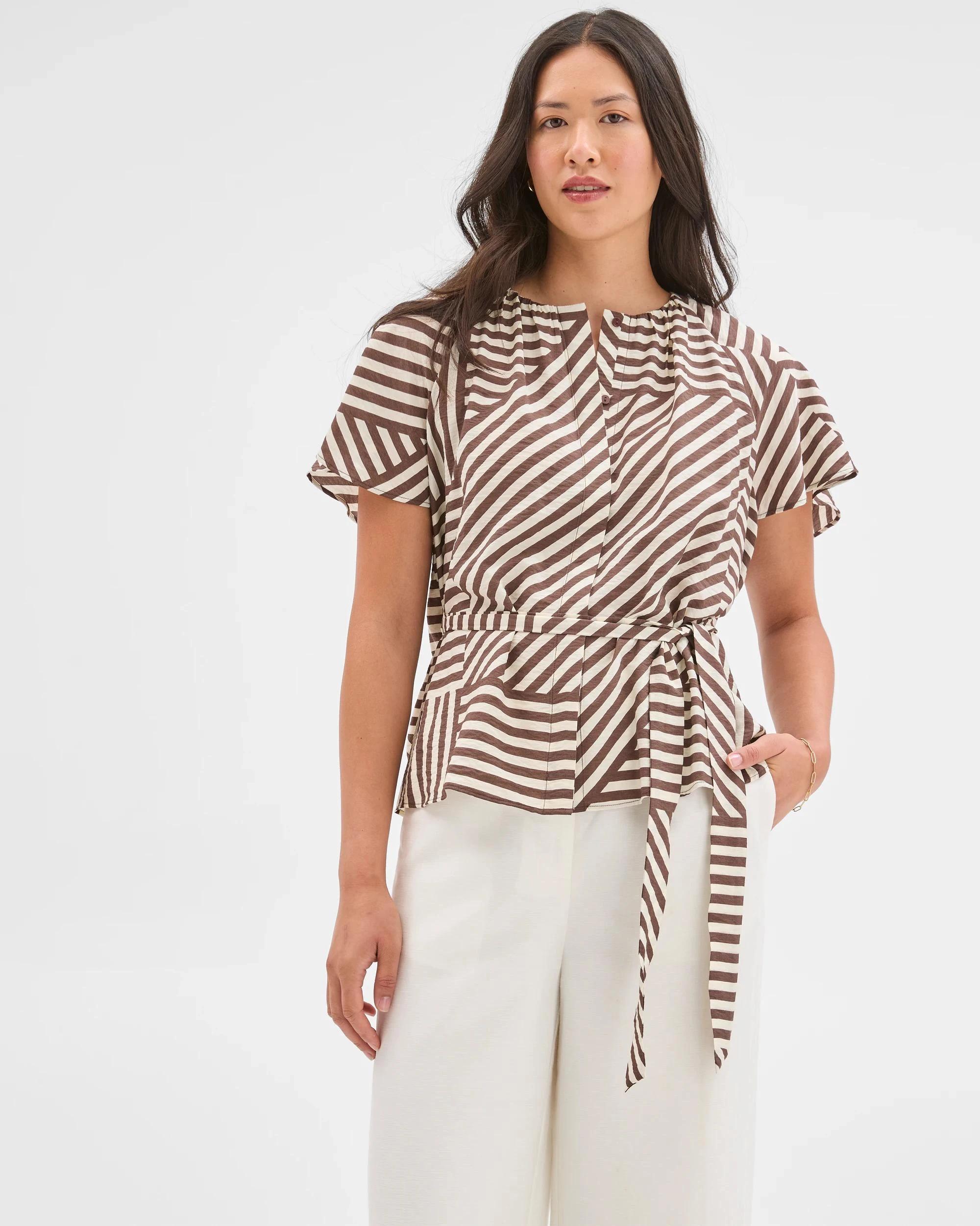 3 Preview Short Sleeve Belted Blouse GANACHE STRIPE, 3 of 7