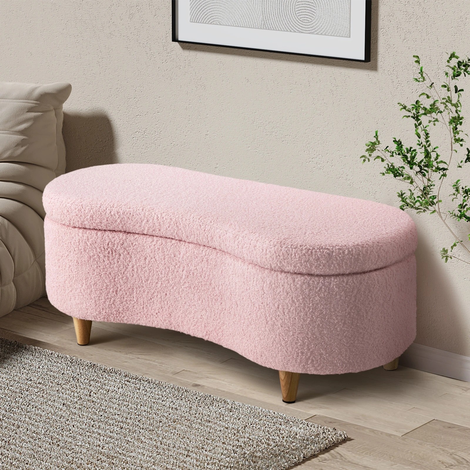 3 Oikiture Storage Ottoman Cashew Teddy Boucle Chest Bench Blanket Box Stool - Pink, 3 of 9