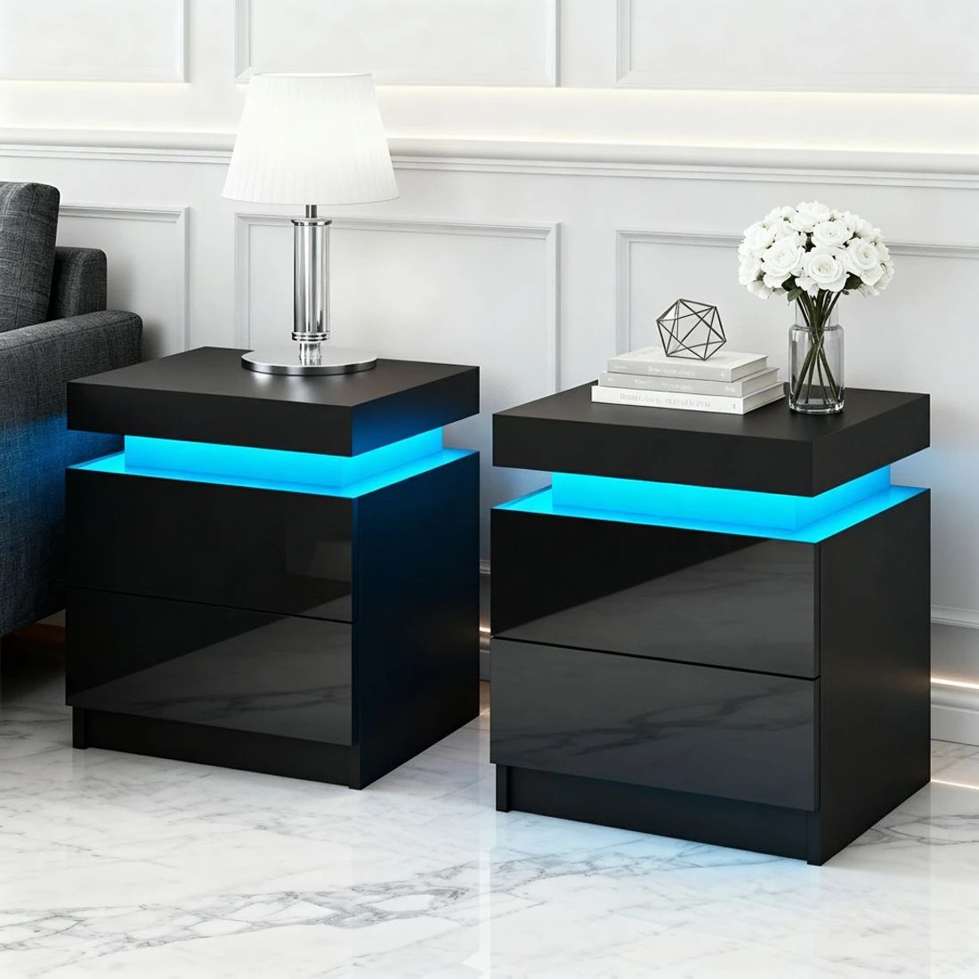 7 Artiss 2X Bedside Table LED 2 Drawers Lift-up Storage - COLEY - Black, 7 of 7