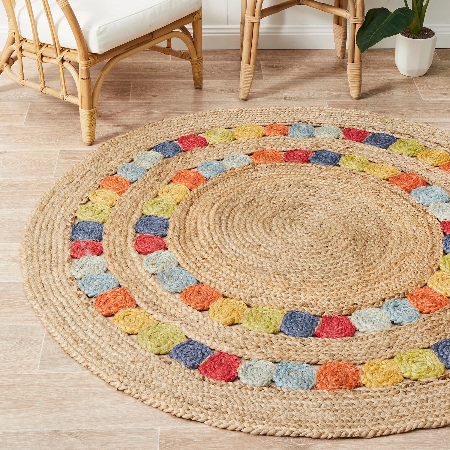 1 Common Ground Rugs Solace Fruit 120x120cm - Small Round Handwoven Jute Rug - Natural, 1 of 6
