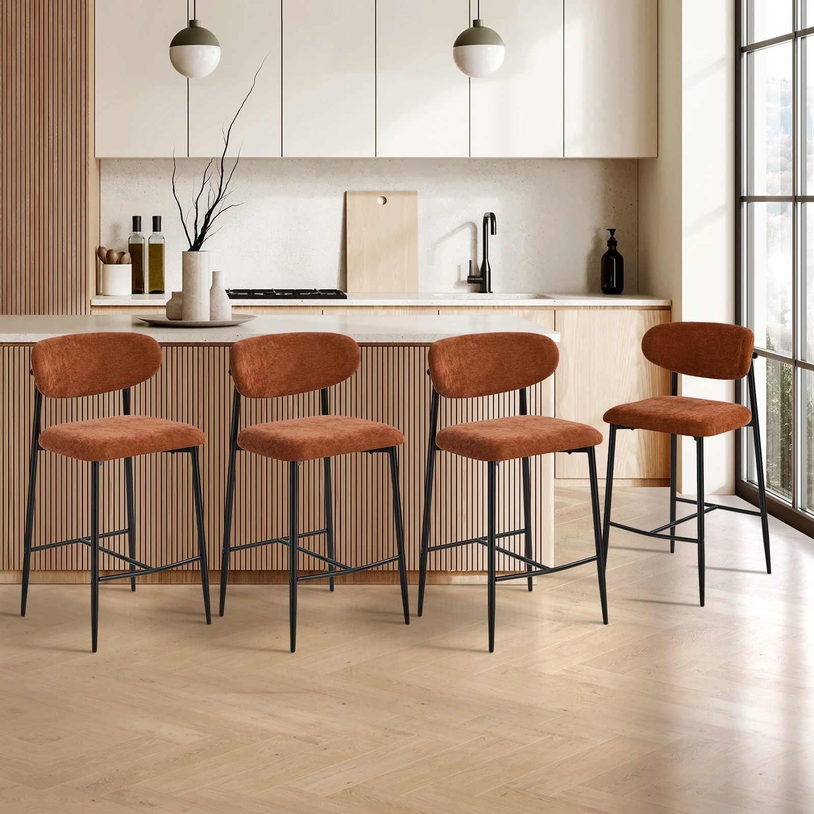3 Oikiture 4x Bar Stools Kitchen Stool Counter Chair Fabric- Orange, 3 of 9