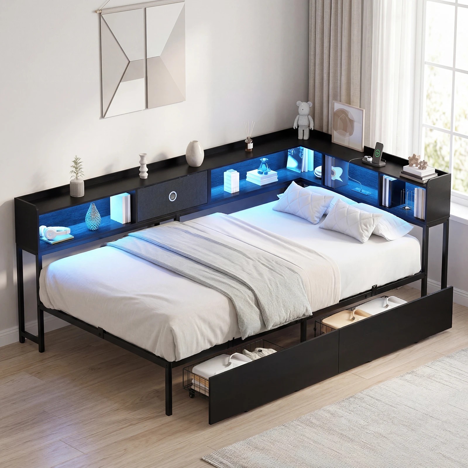 9 Advwin King Single Corner Bed Frame with Storage Drawers, Charging Station and LED Lights - Black, 9 of 10