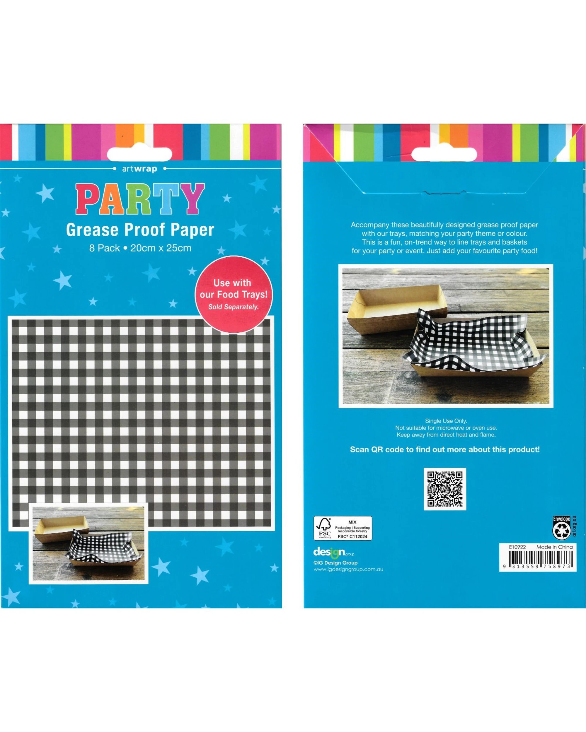 5 Artwrap Gingham Grease Proof Paper Plate Tray Liners 8 Sheets - Black, 5 of 5