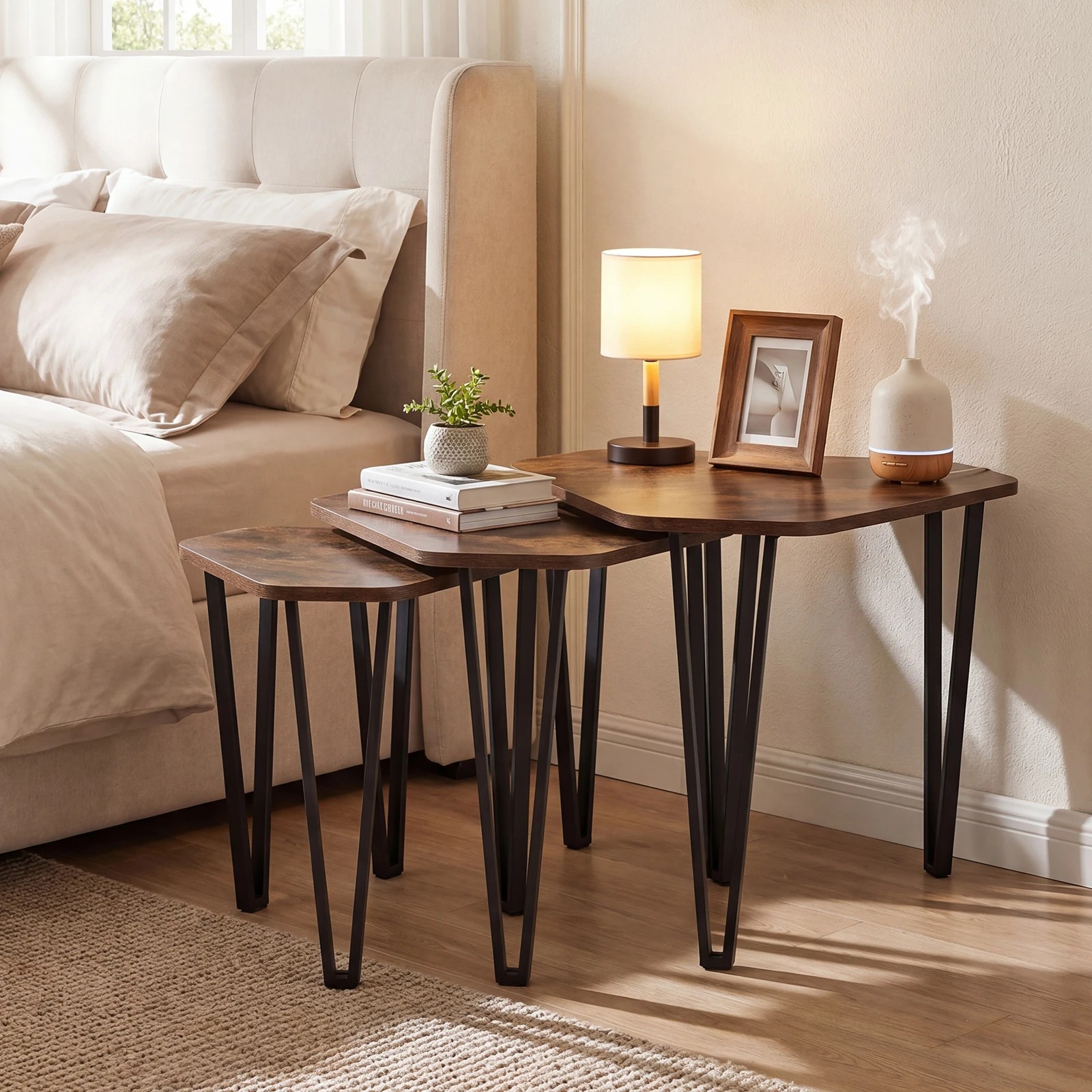 5 Costway Industrial Nesting Coffee Table Set of 3 Stacking Sofa Side Table Set, 5 of 6
