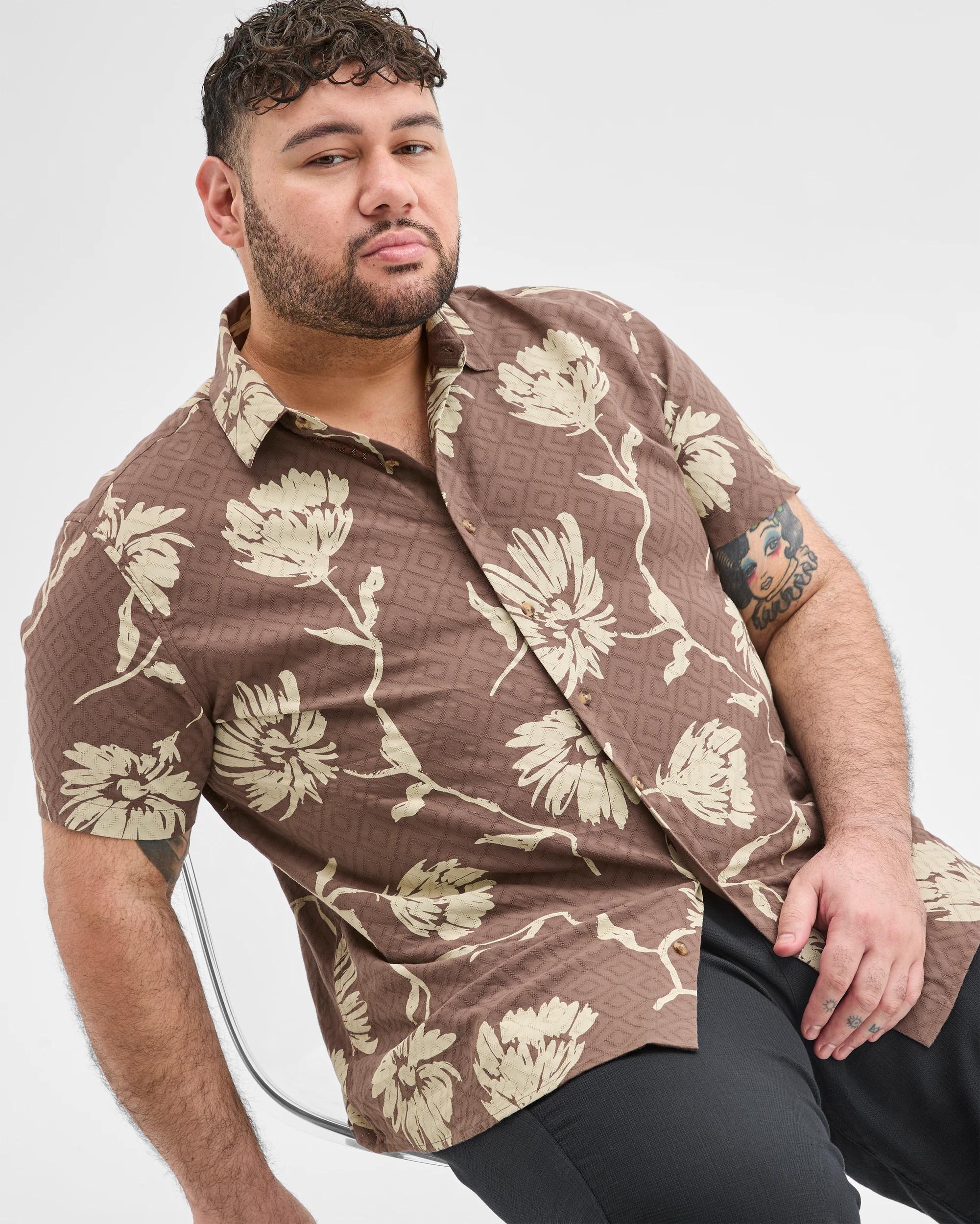 3 Target Man Plus Size Australian Cotton Floral Print Shirt BROWN, 3 of 7