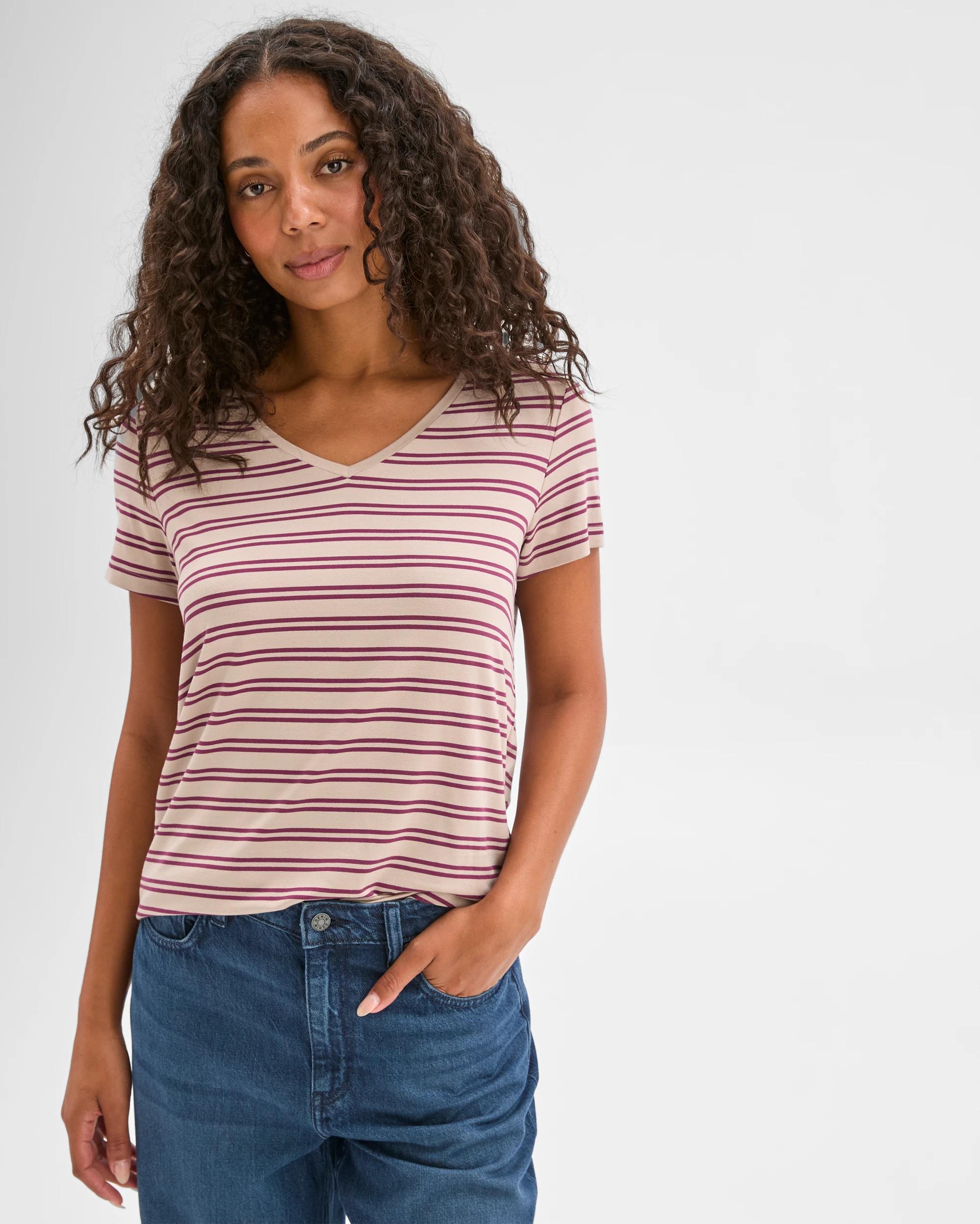 1 Target Woman Short Sleeve V-Neck T-Shirt PARCHMENT PANSY STRIPE, 1 of 6