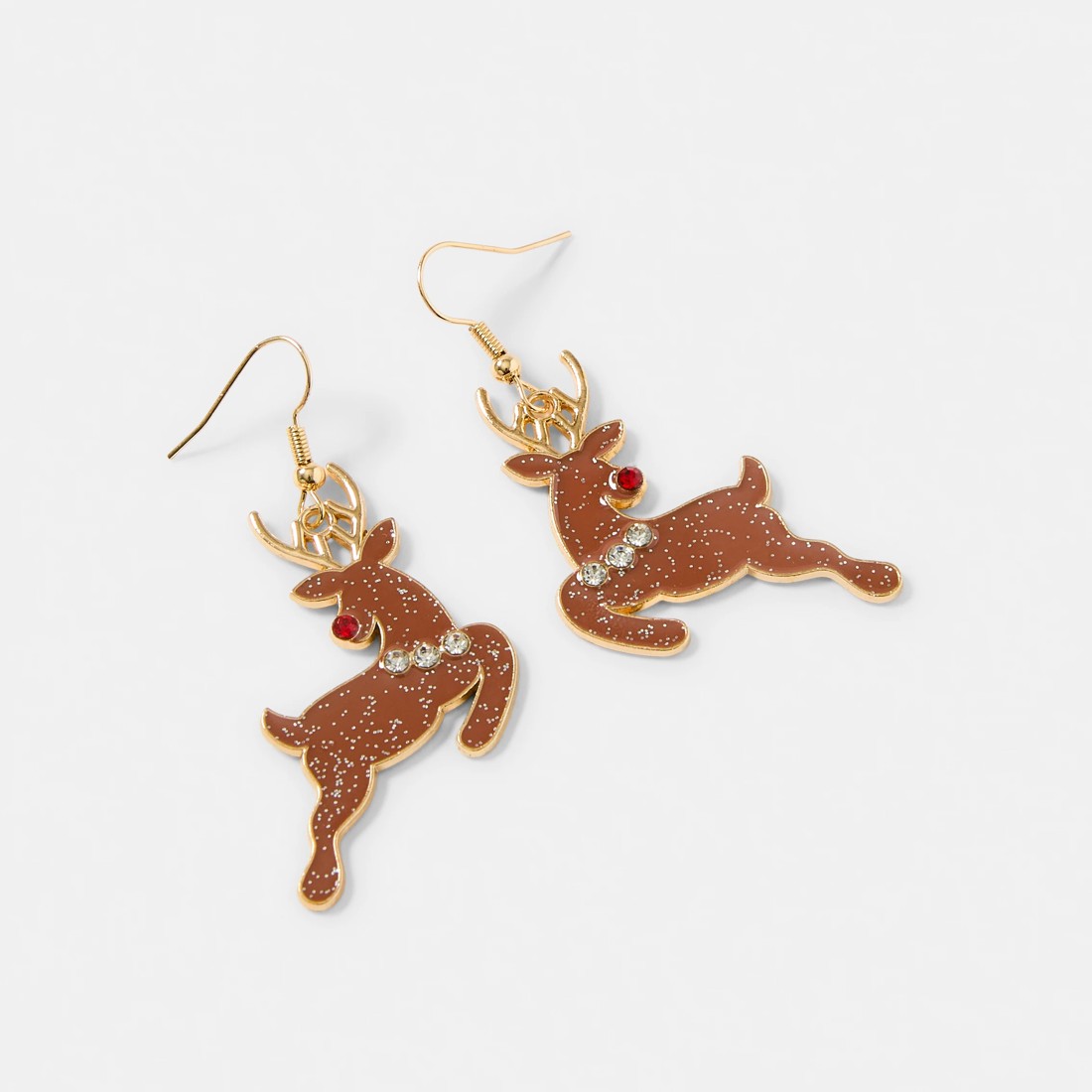 2 Christmas Reindeer Earrings - Gold Tone, Brown and Red, 2 of 5