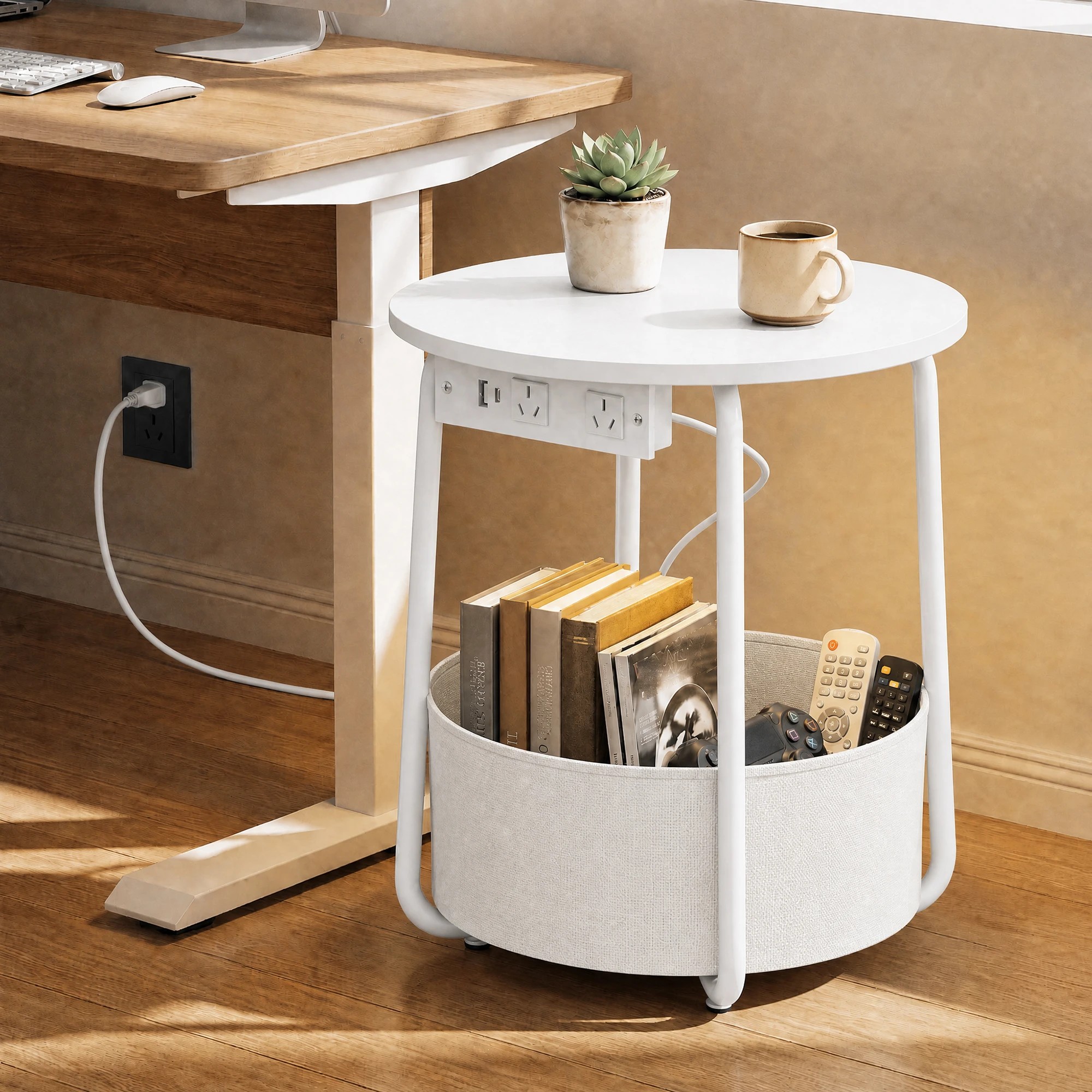 4 Advwin Small Round Side Table with Charging Station Nightstand with Fabric Basket - White, 4 of 8