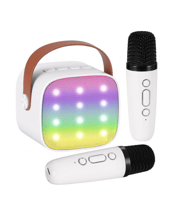 Alpha Mini Portable Karaoke Machine for Adults Kids with 2 Wireless Microphones - White
