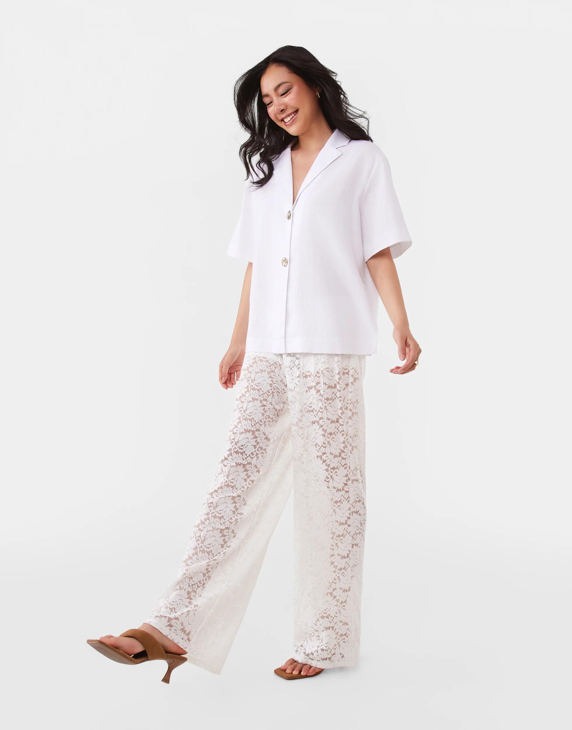 3 Short Sleeve Linen Blend Gold Button Top White, 3 of 10