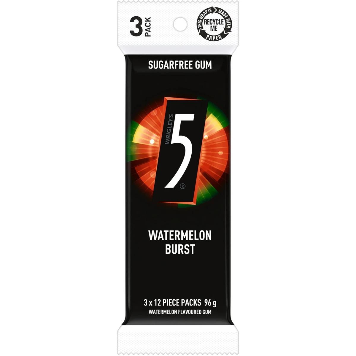 1 Wrigley's 3 Pack 5 Watermelon Burst Sugarfree Gum 96g, 1 of 4