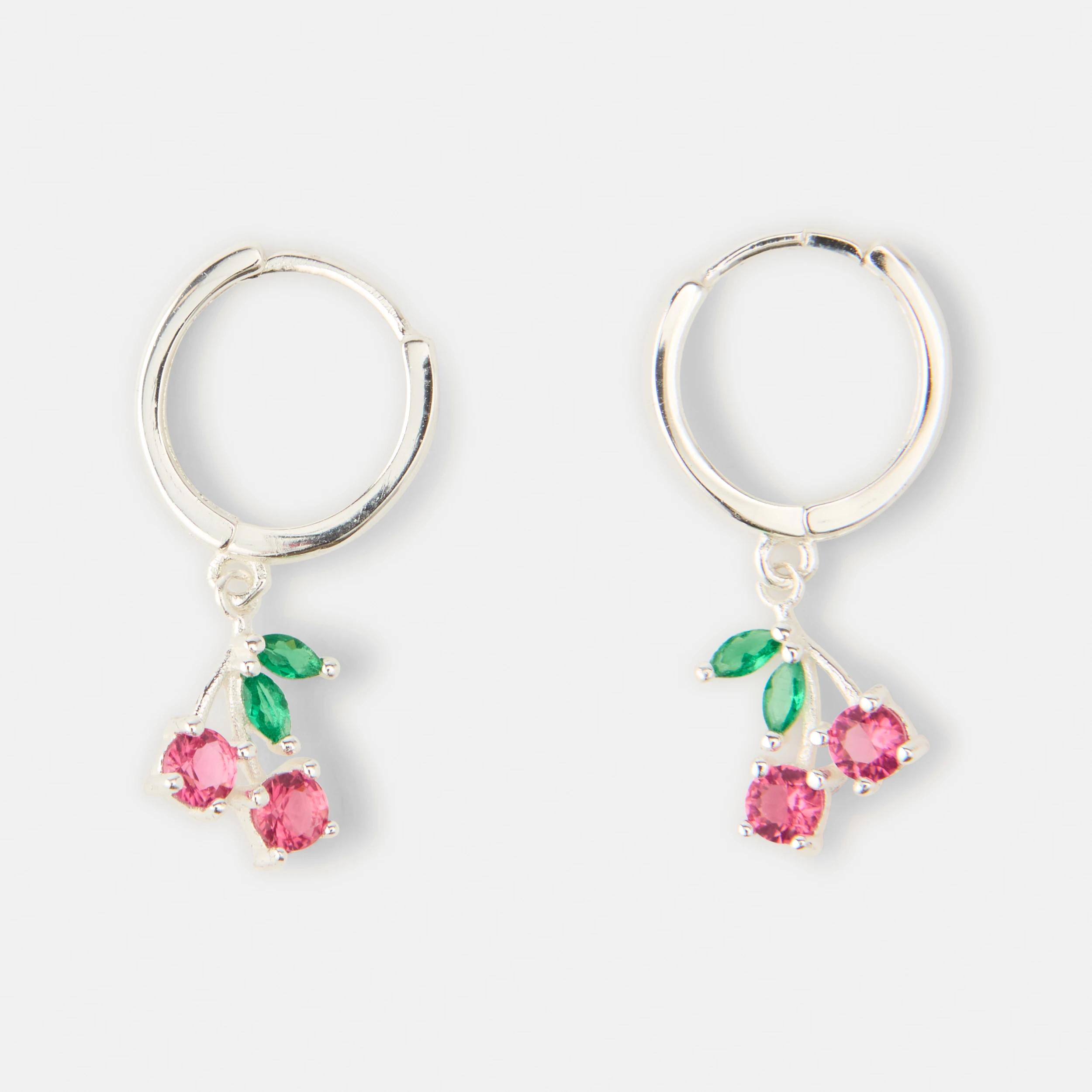 1 Cubic Zirconia Sterling Silver 925 Cherry Huggie Hoop Earrings Silver, 1 of 5