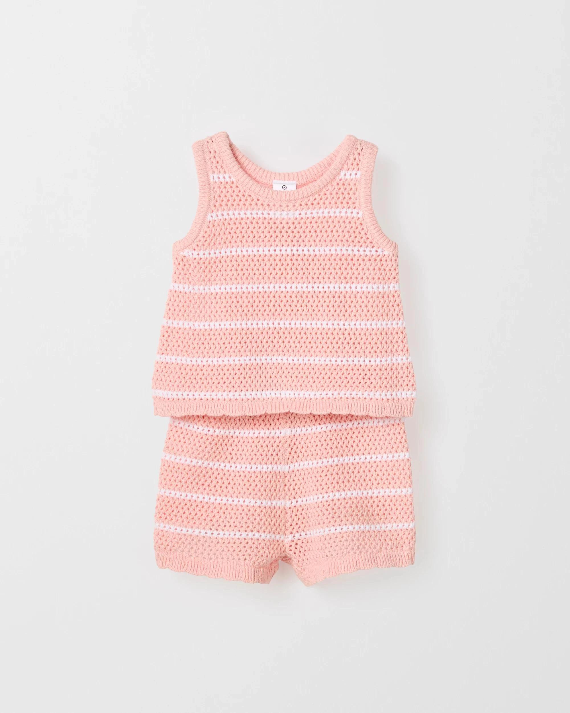 1 Target Baby Organic Cotton Baby Crochet Top and Short 2 Piece Set PINK STRIPE, 1 of 2