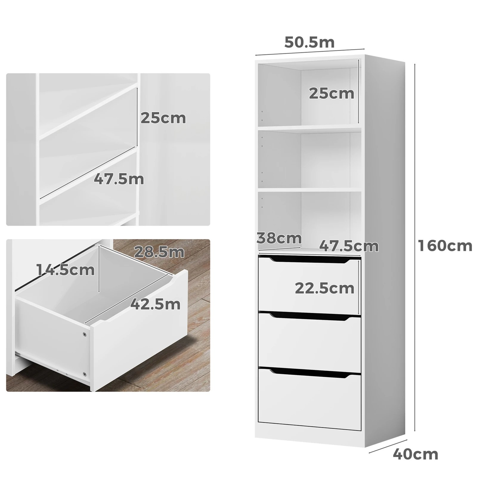 9 Alfordson Wardrobe Clothes Storage Cabinet Closet Organizer 3 Drawers - White, 9 of 10