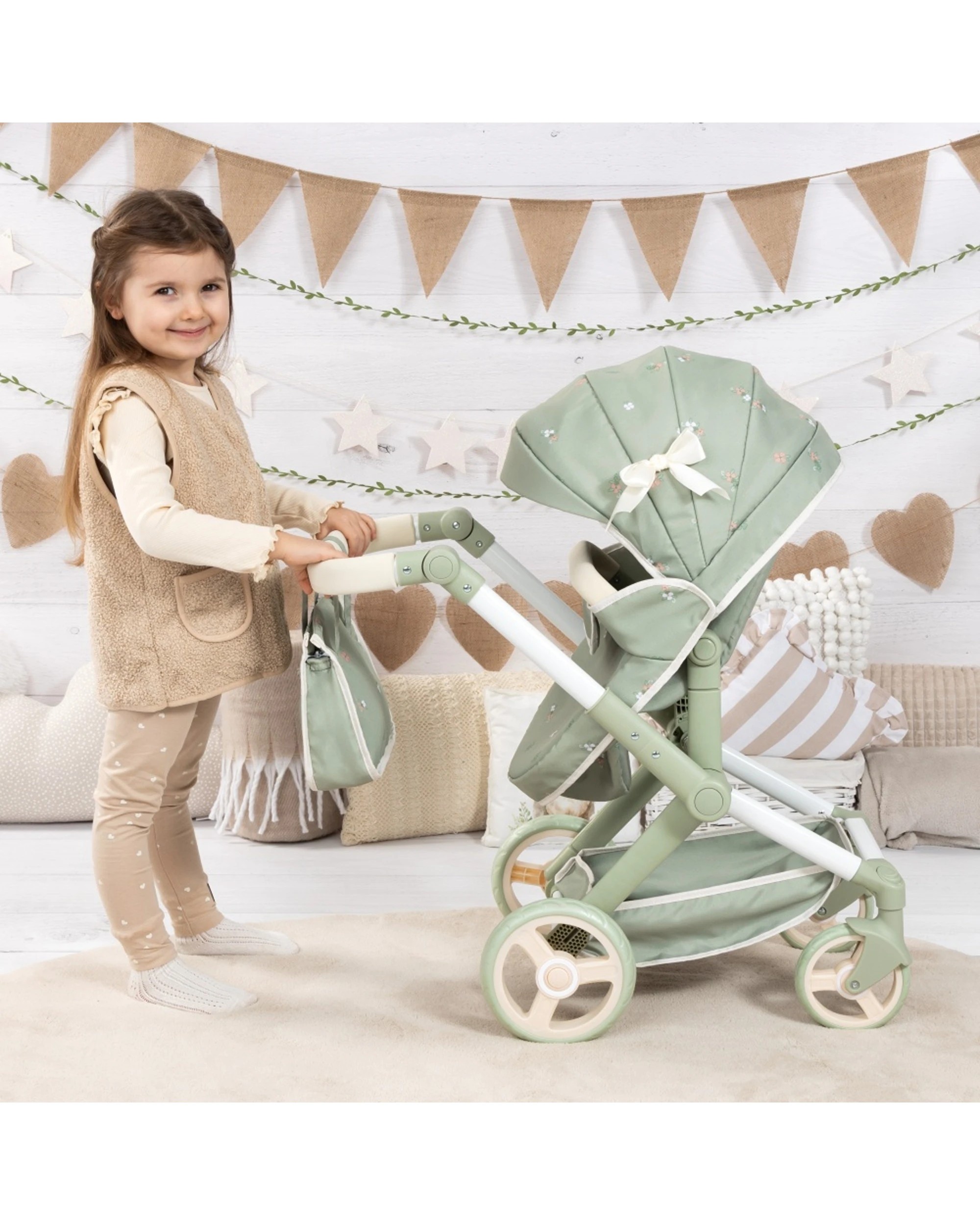 2 Bayer Xeo Doll Pram Flower Convertible Jogger Adjustable Handle For Dolls 52cm Sage - Green, 2 of 7