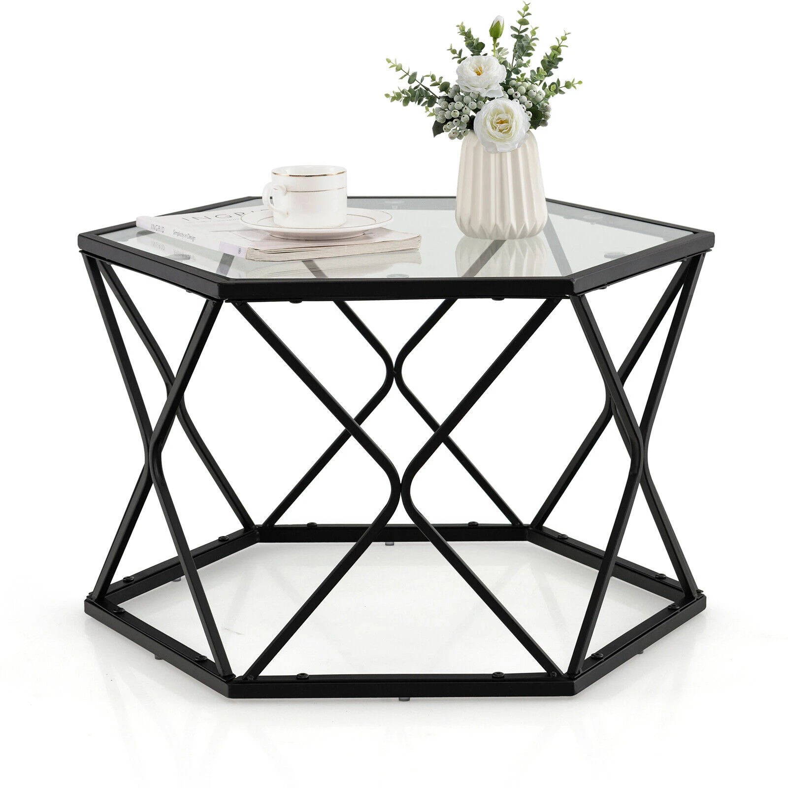 5 Costway Geometric Glass Coffee Table Modern Central Table  w/Tempered Glass, 5 of 5