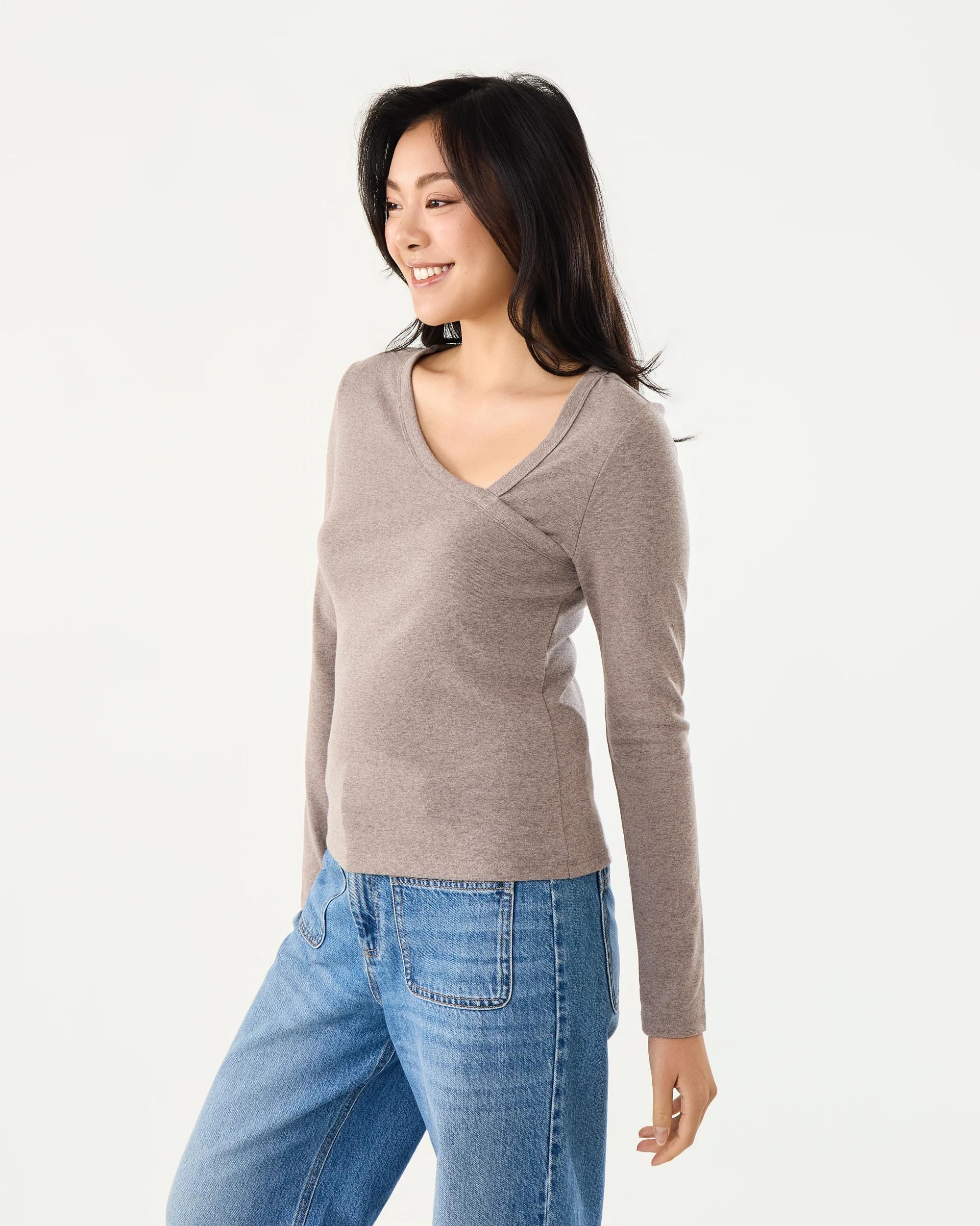 2 Long Sleeve Asymmetric Neck Top Taupe Mrl, 2 of 4
