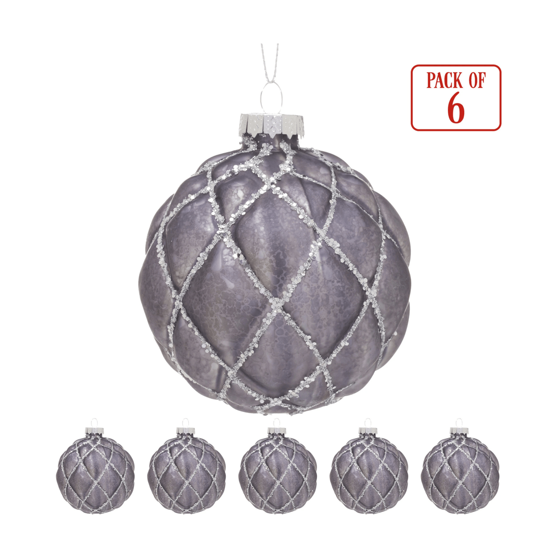 5 Christabelle Platinum Glass Baubles 6pcs With Glittered Lattice Pattern Balls Christmas Tree Decoration Ornament, 5 of 7