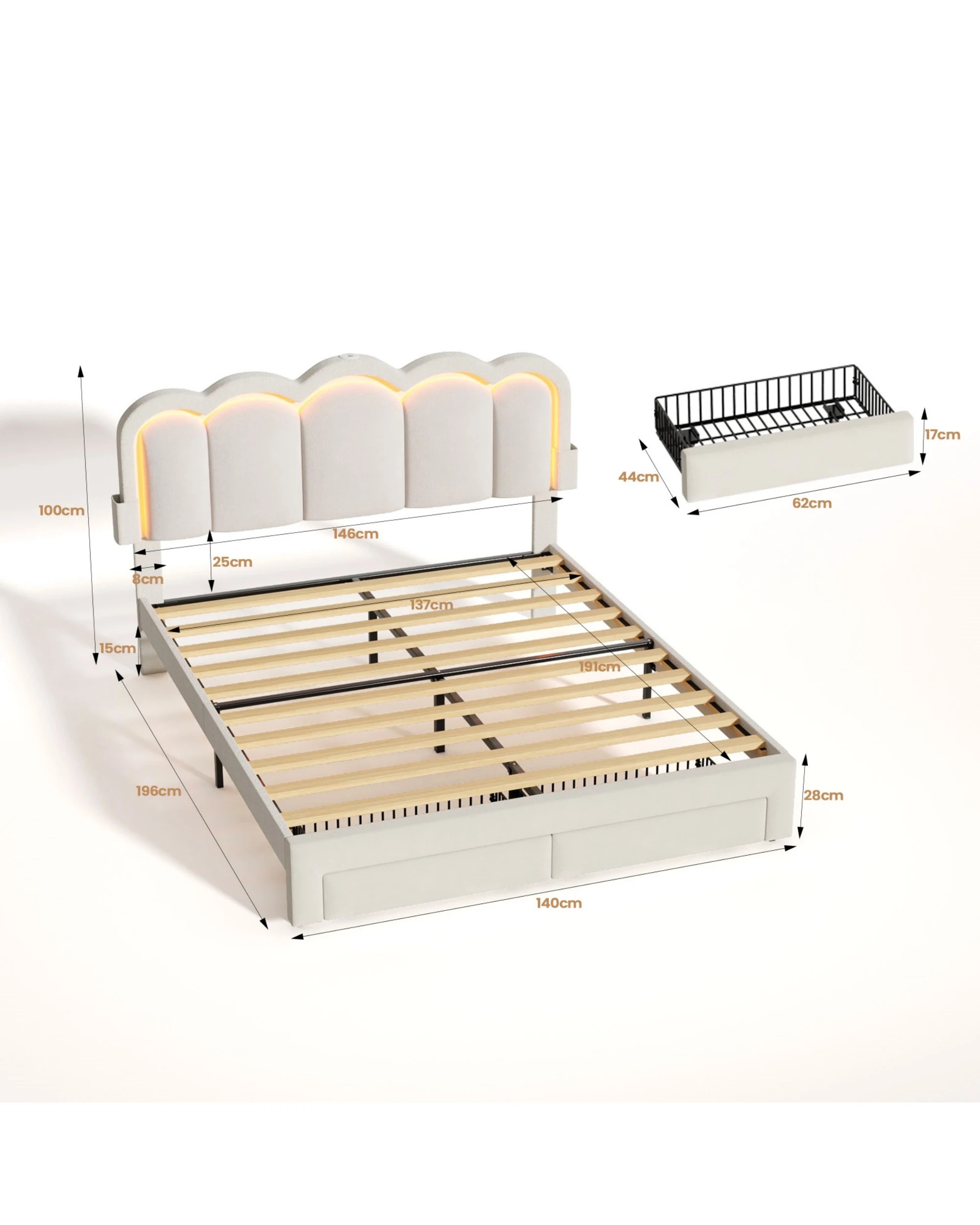 3 Advwin LED Bed Frame with Adjustable Headboard and 2 Storage Drawers USB Velvet Double - Beige, 3 of 8