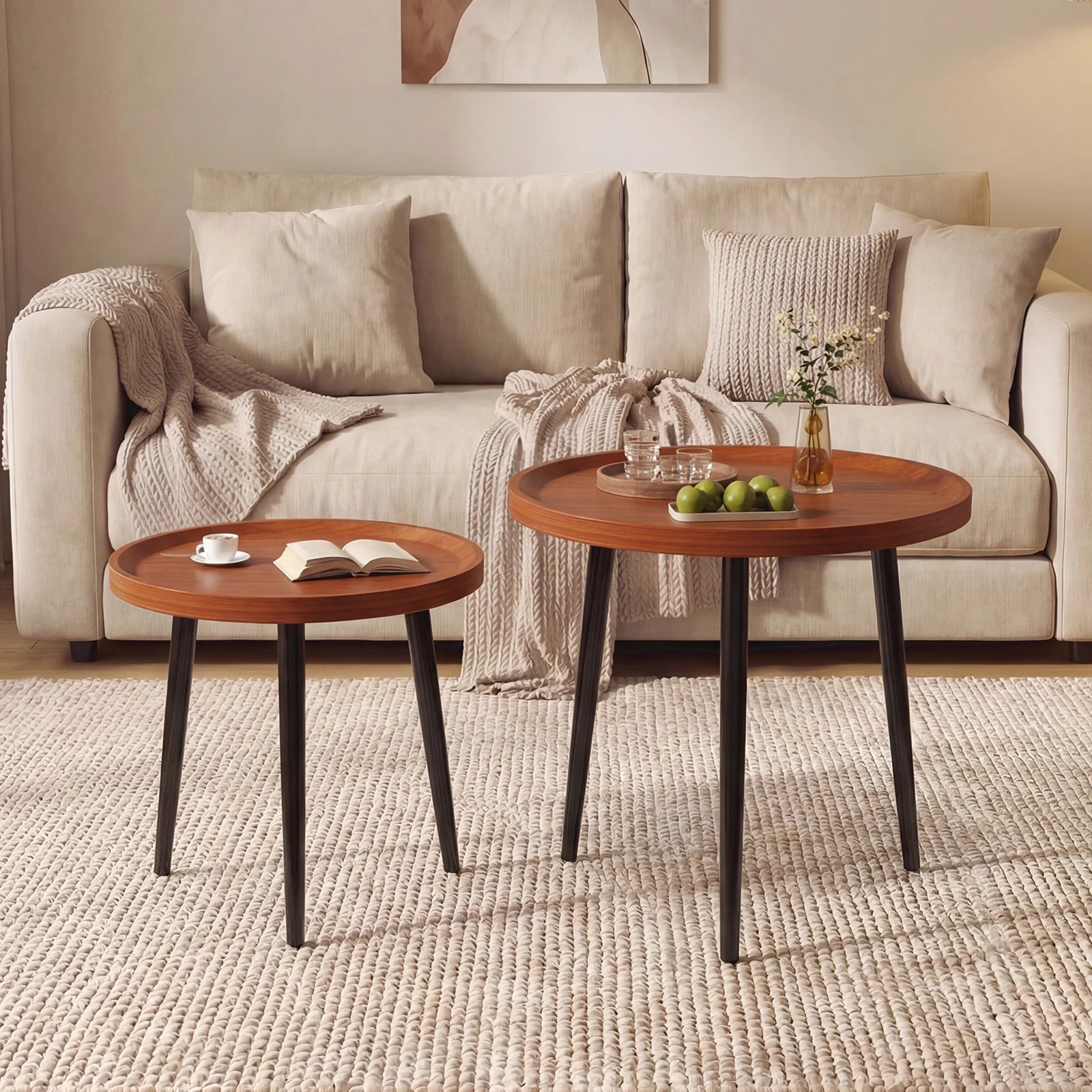 6 Advwin Nesting Coffee Tables Set of 2 Convertible w/ Raised Edge - Walnut, 6 of 7