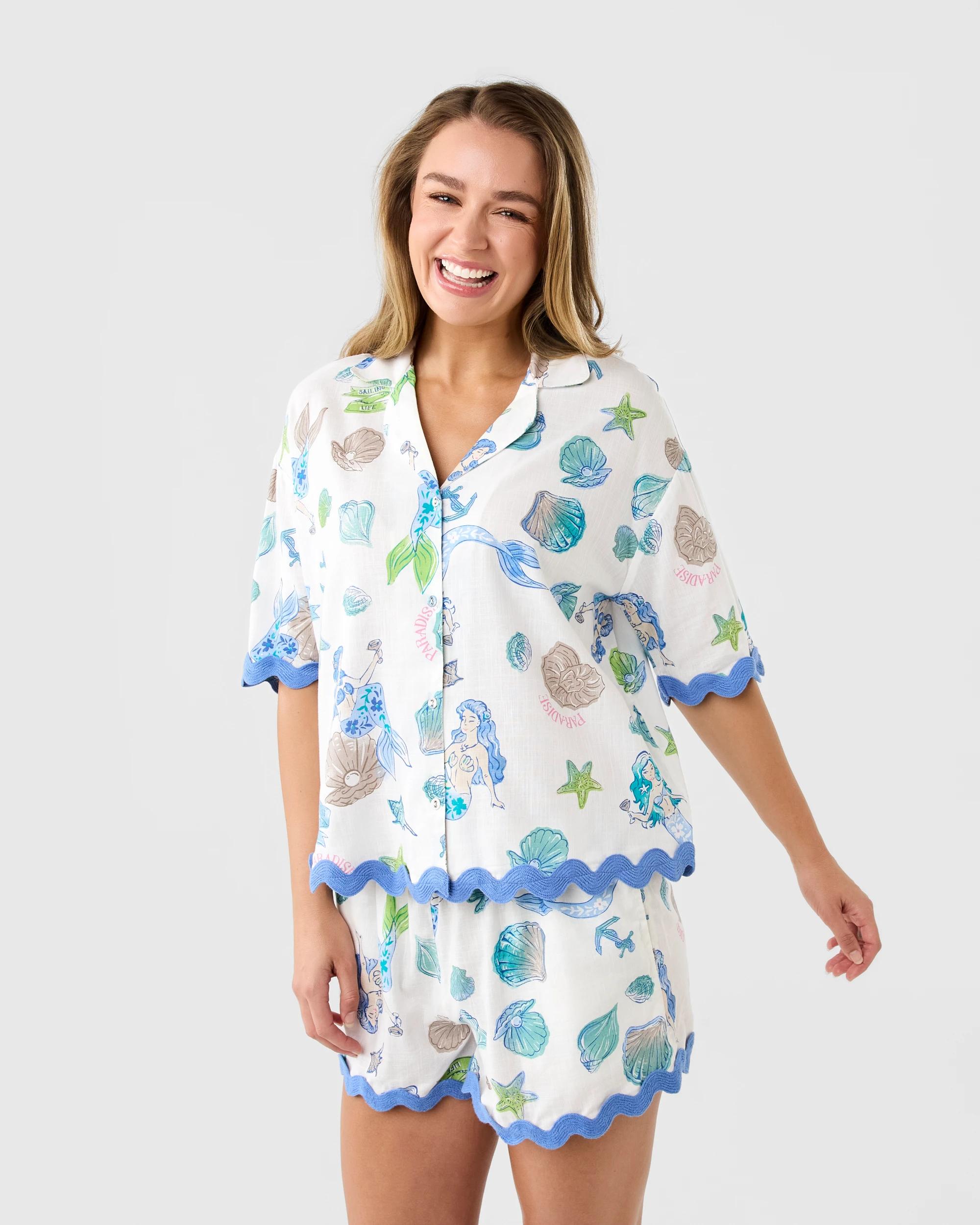 1 Short Sleeve Cotton Rick Rack Pyjama Set Under Sea, 1 of 9
