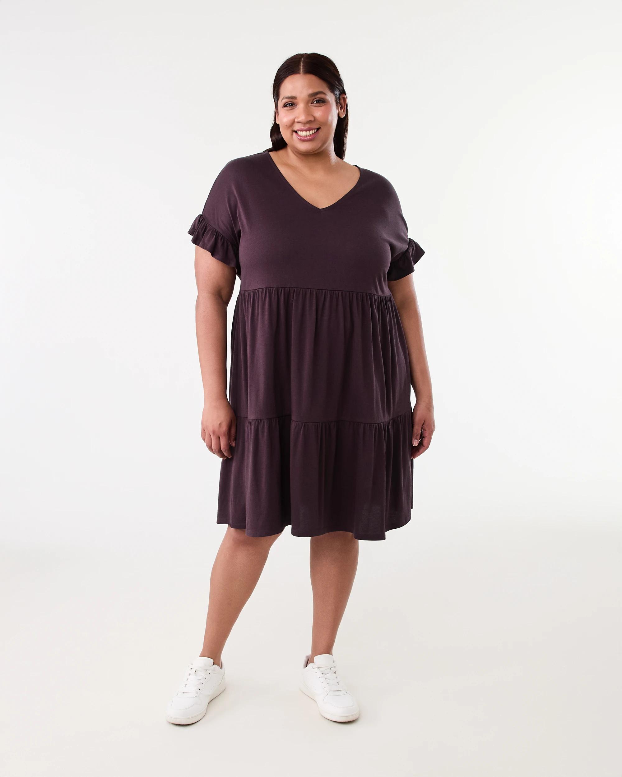 8 Curve Short Sleeve Frill Tier Knit Mini Dress Fudge, 8 of 8