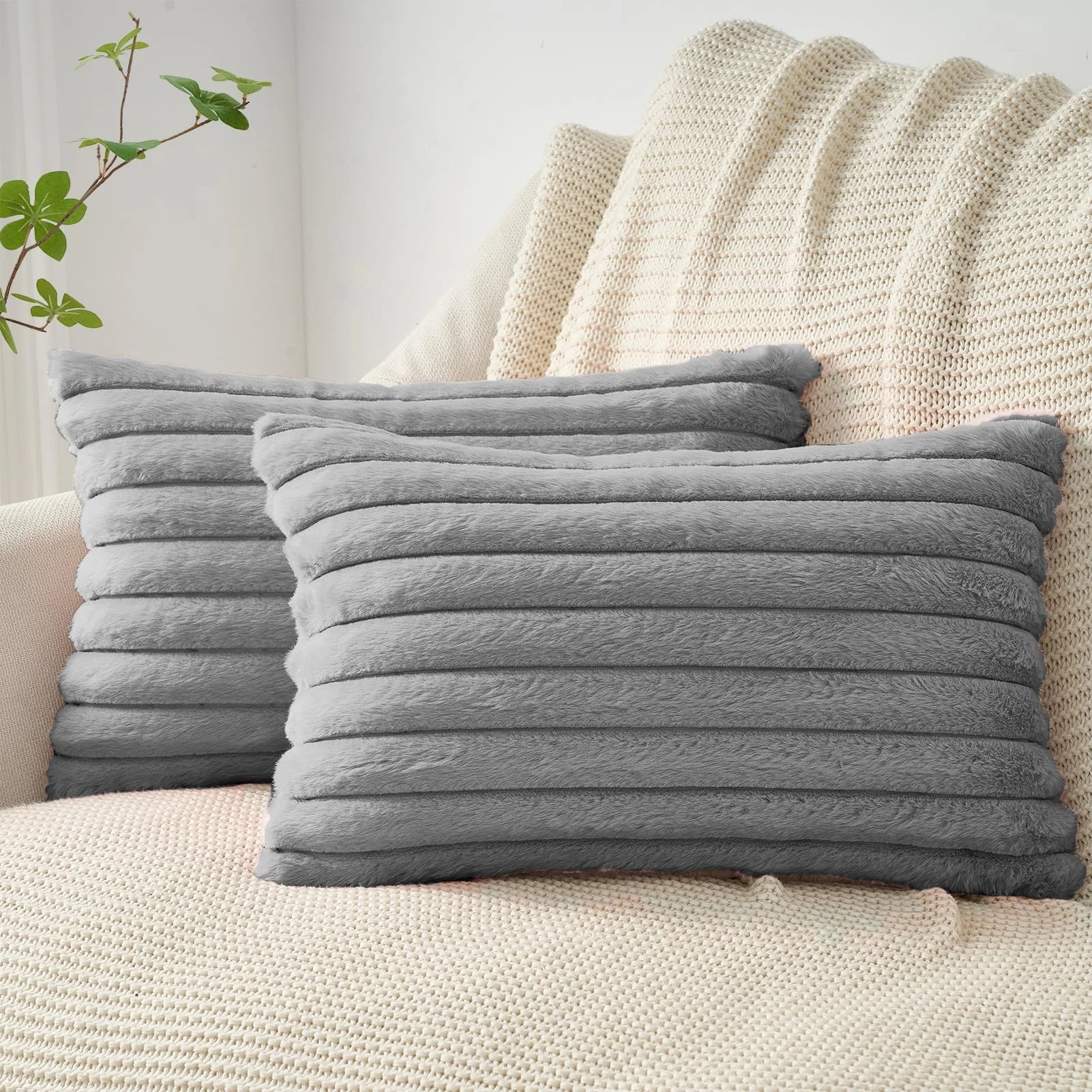 1 Gioia Casa 2-Pack Faux Fur Cushion Covers Soft 30x50cm - Grey, 1 of 3