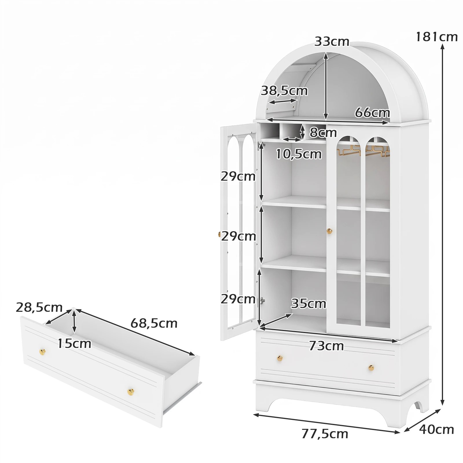 2 Costway 181CM Arched Pantry Cupboard 4-Tier Sideboard Tempered Glass Doors - White, 2 of 4