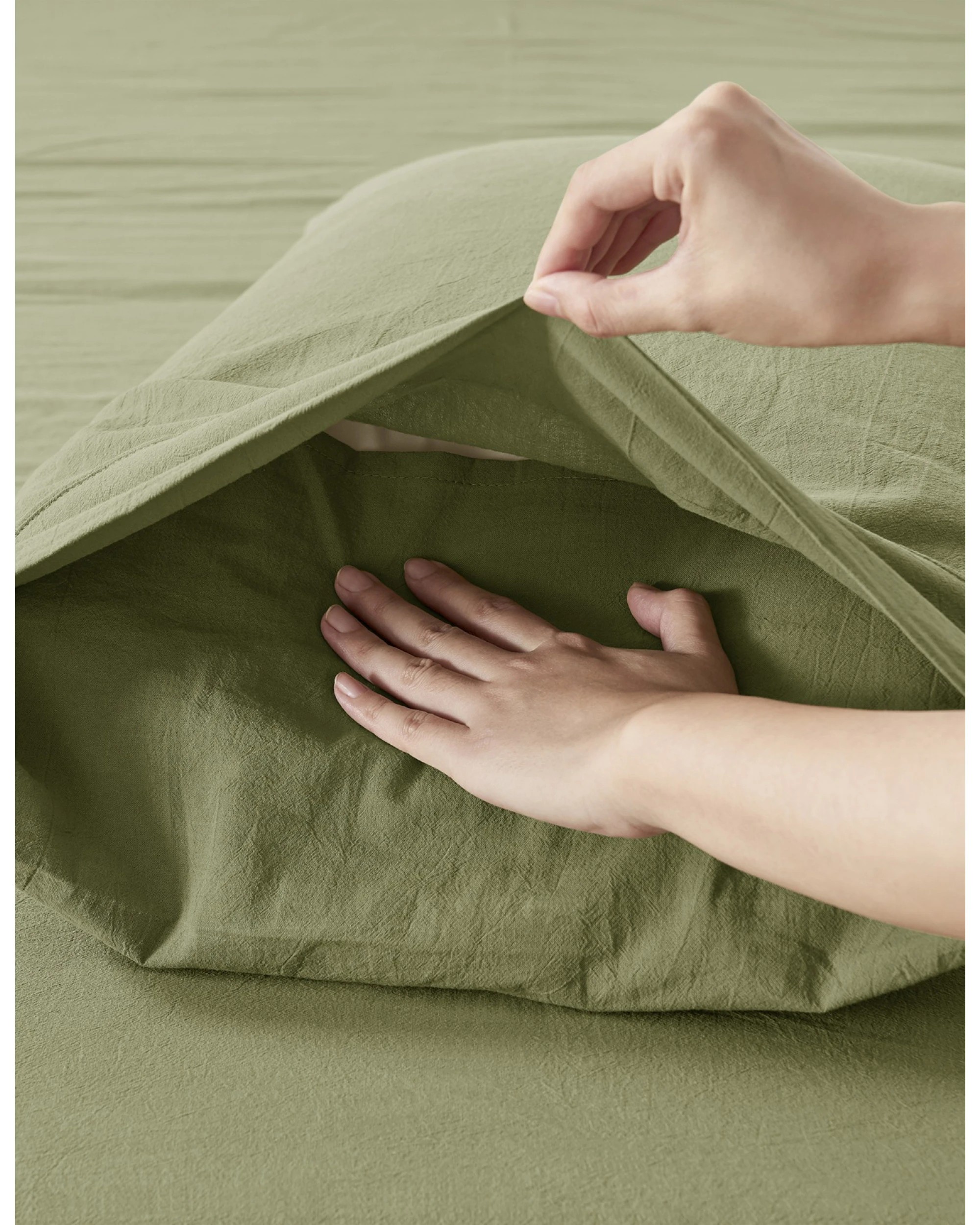 5 Dreamaker Bonnie Washed Cotton Fitted Sheet Set - King Single Bed - Olive, 5 of 6