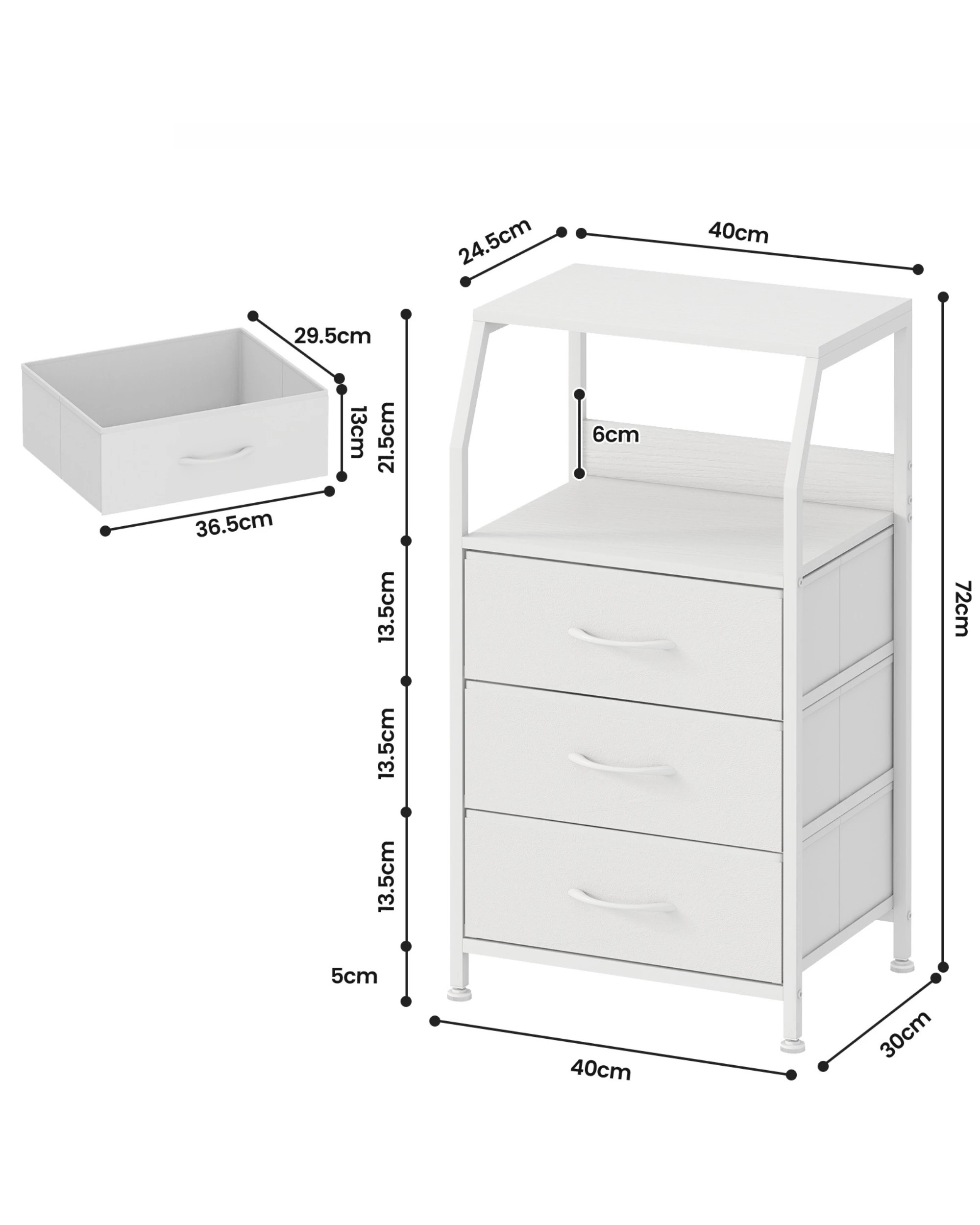 2 Advwin Set of 2 Bedside Table with 3 Fabric Drawers Storage Shelf - White, 2 of 7