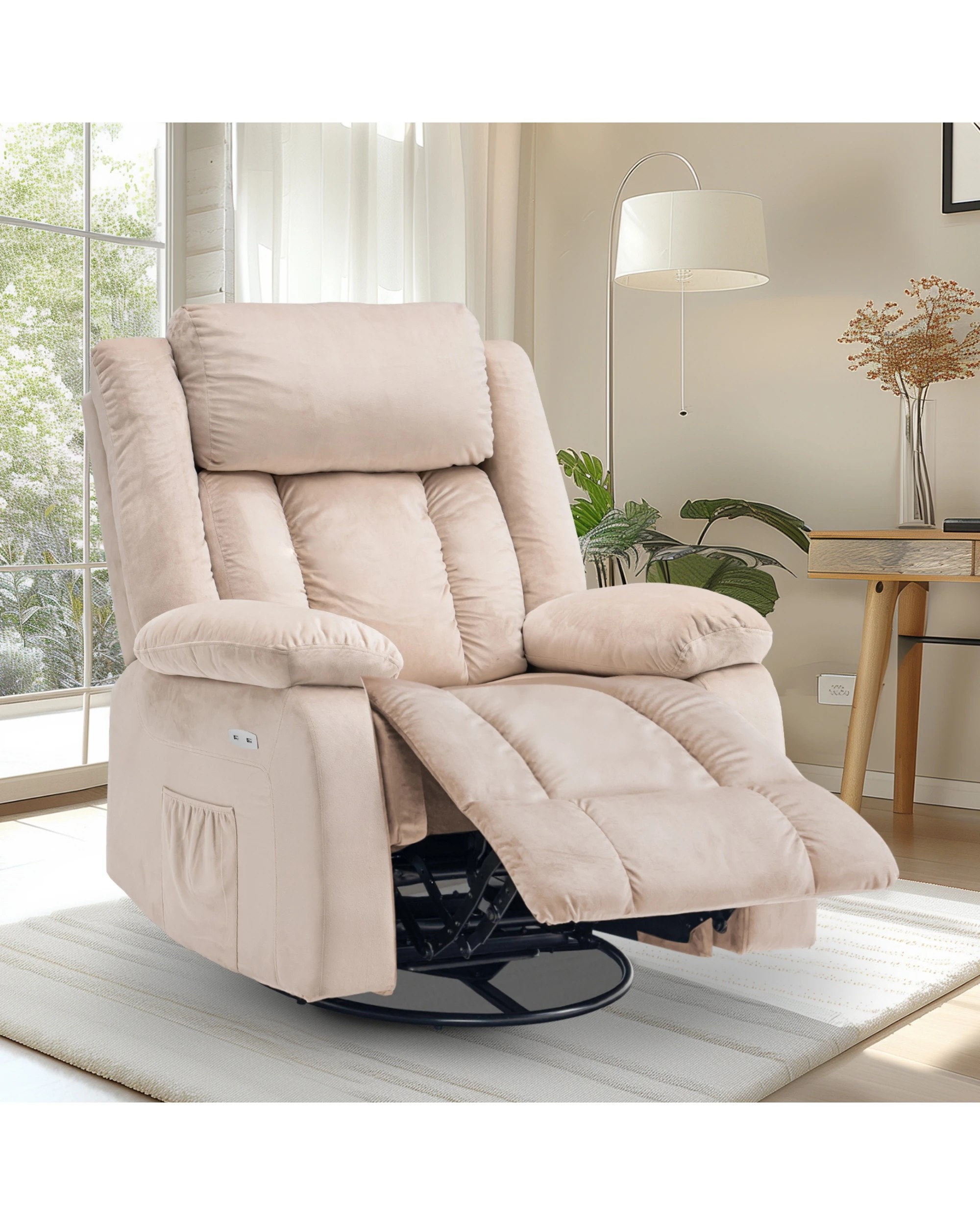 4 Advwin Recliner Chair Electric Heat Massage Lounge Armchair Rotatable Velvet - Beige, 4 of 8