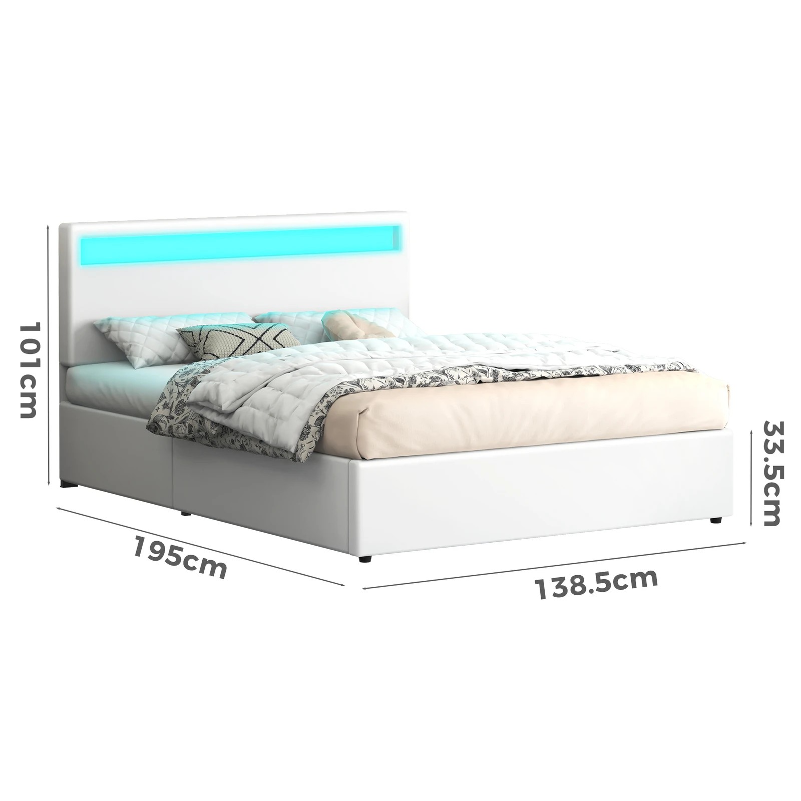 9 Alfordson Bed Frame Double Size RGB LED Gas Lift Storage Base Luchino - White, 9 of 10