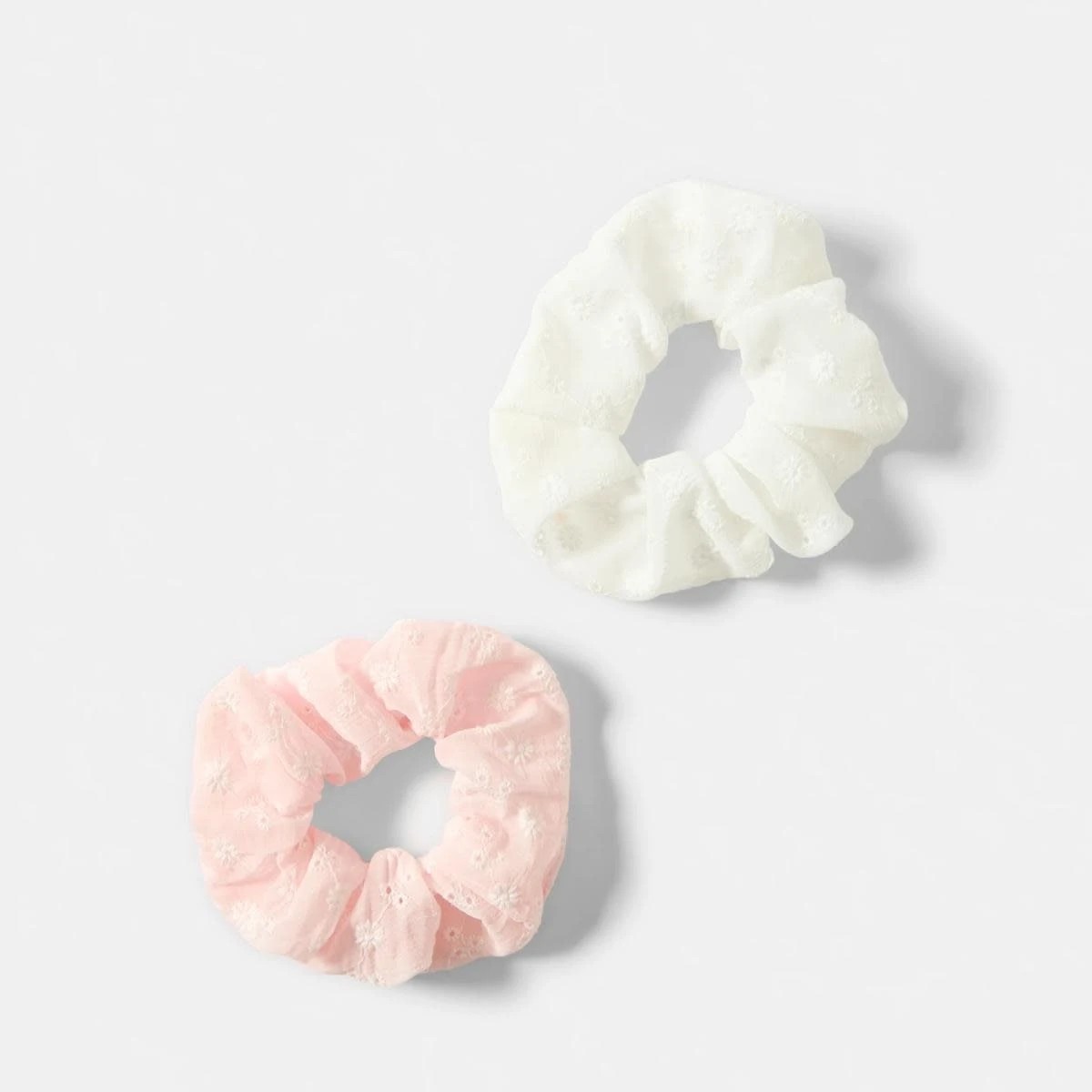 1 2 Pack Embroidered Flower Hair Scrunchies - Pink and White, 1 of 5