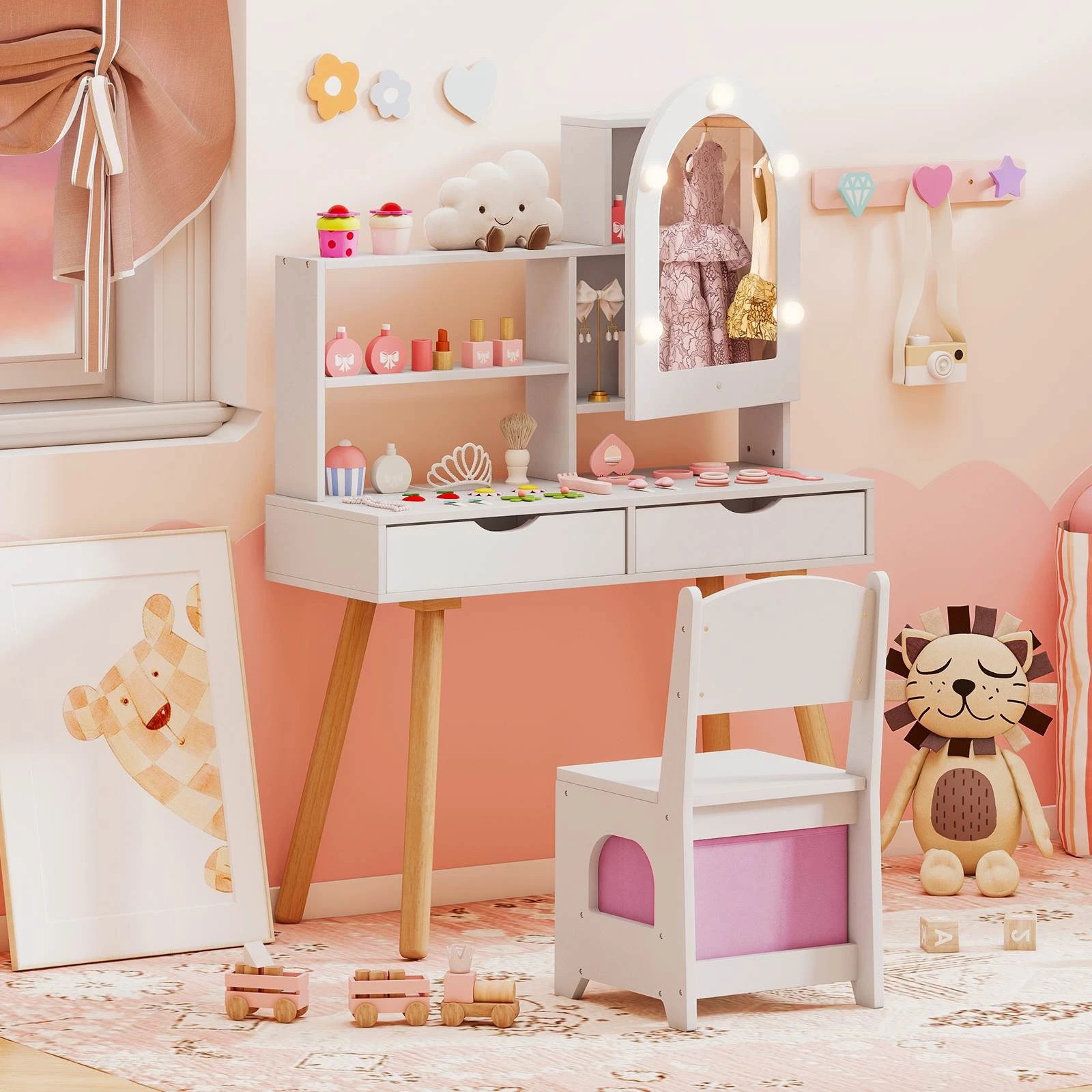 1 Costway Pretend Play Dressing Table Set Princess Makeup Desk - White, 1 of 2