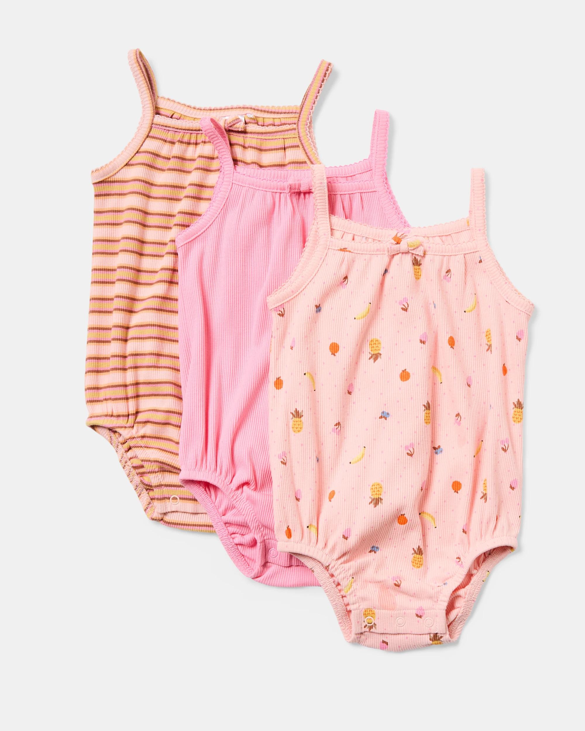 1 3 Pack Sleeveless Rib Bodysuits Fruit Strp, 1 of 9