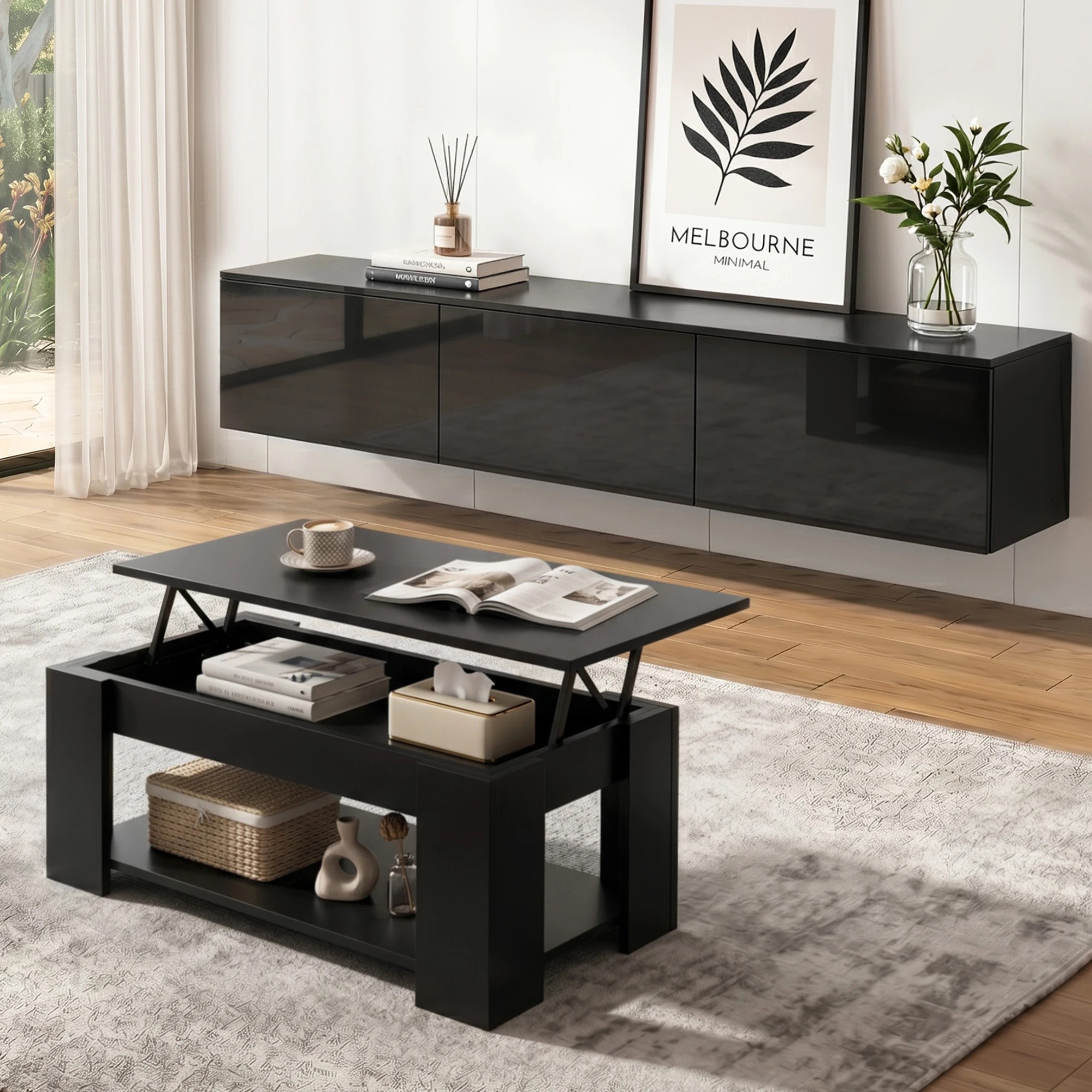 10 Artiss Floating TV Unit & Lift Up Coffee Table Set with Hidden Storage Space High Gloss Front - Black, 10 of 10
