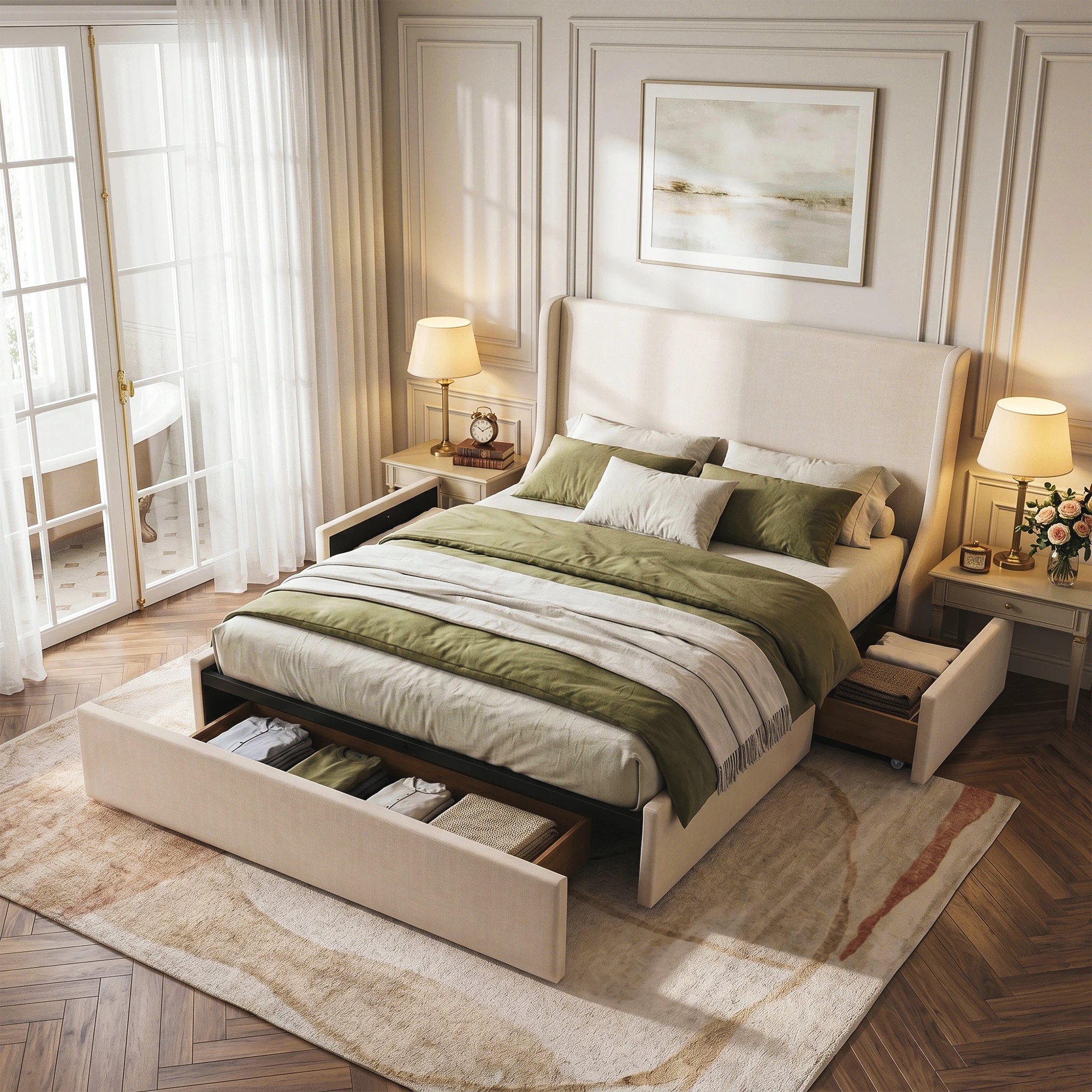 2 Artiss King Upholstered Bed Frame with 3 Storage Drawers Wingback Headboard - Beige, 2 of 9