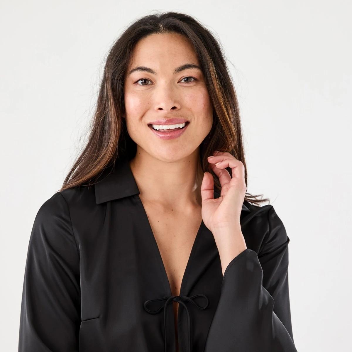 4 Long Sleeve Satin Tie Front Top Black, 4 of 7