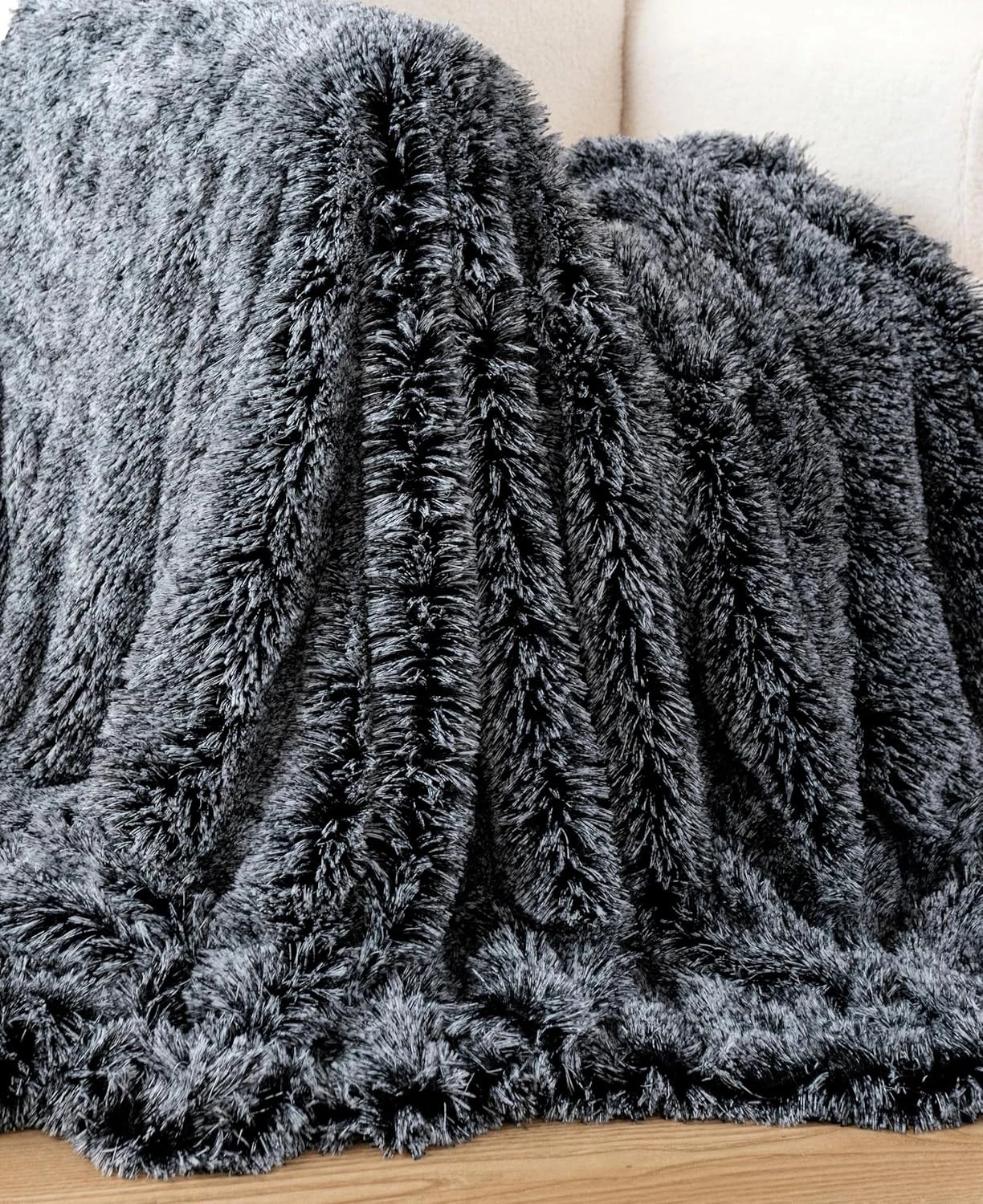 3 Gioia Casa Double-Sided Faux Fur Shaggy Throw Blanket Soft Warm Plush - Charcoal, 3 of 4