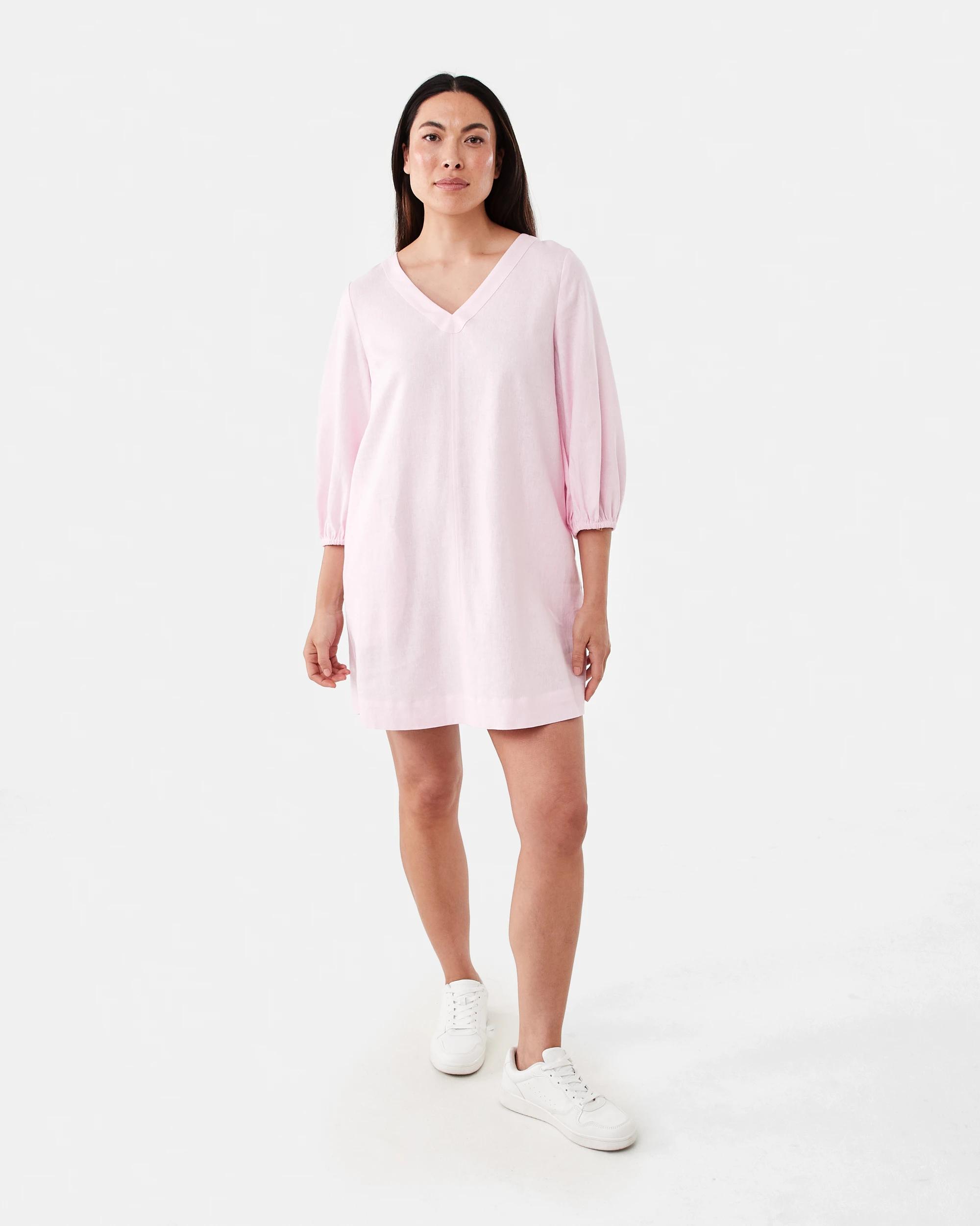 7 Long Sleeve Linen Blend V-Neck Mini Dress Bllet Pink, 7 of 7