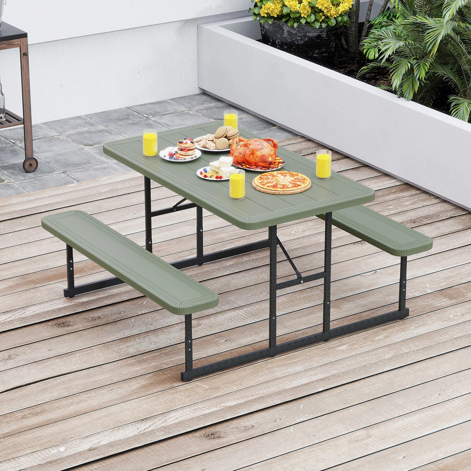 3 Costway 2-4 People Picnic Table Bench Set w/Umbrella Hole Outdoor Camping Table & Chairs - Green, 3 of 3