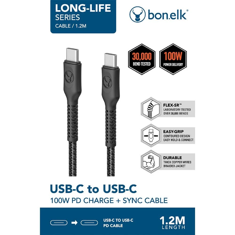 7 Bonelk Long-life Easy Grip USB-C to USB-C Cable 100W 1.2m Blk, 7 of 7
