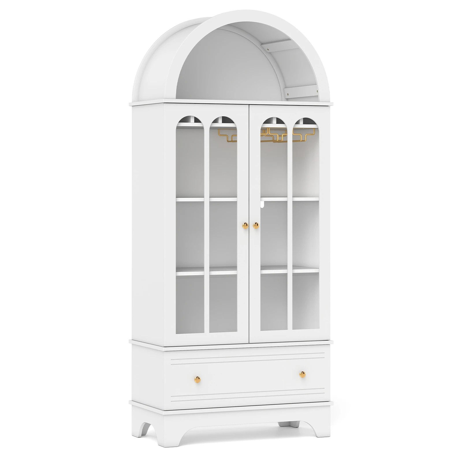 1 Costway 181CM Arched Pantry Cupboard 4-Tier Sideboard Tempered Glass Doors - White, 1 of 4